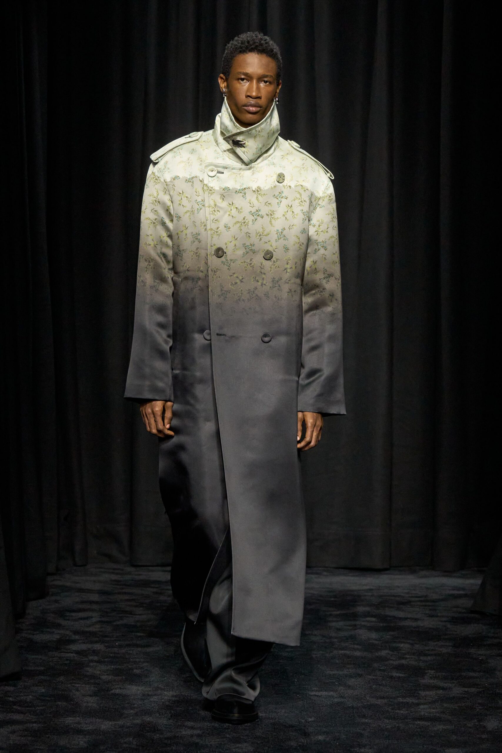 gray and white floral coat with black pants