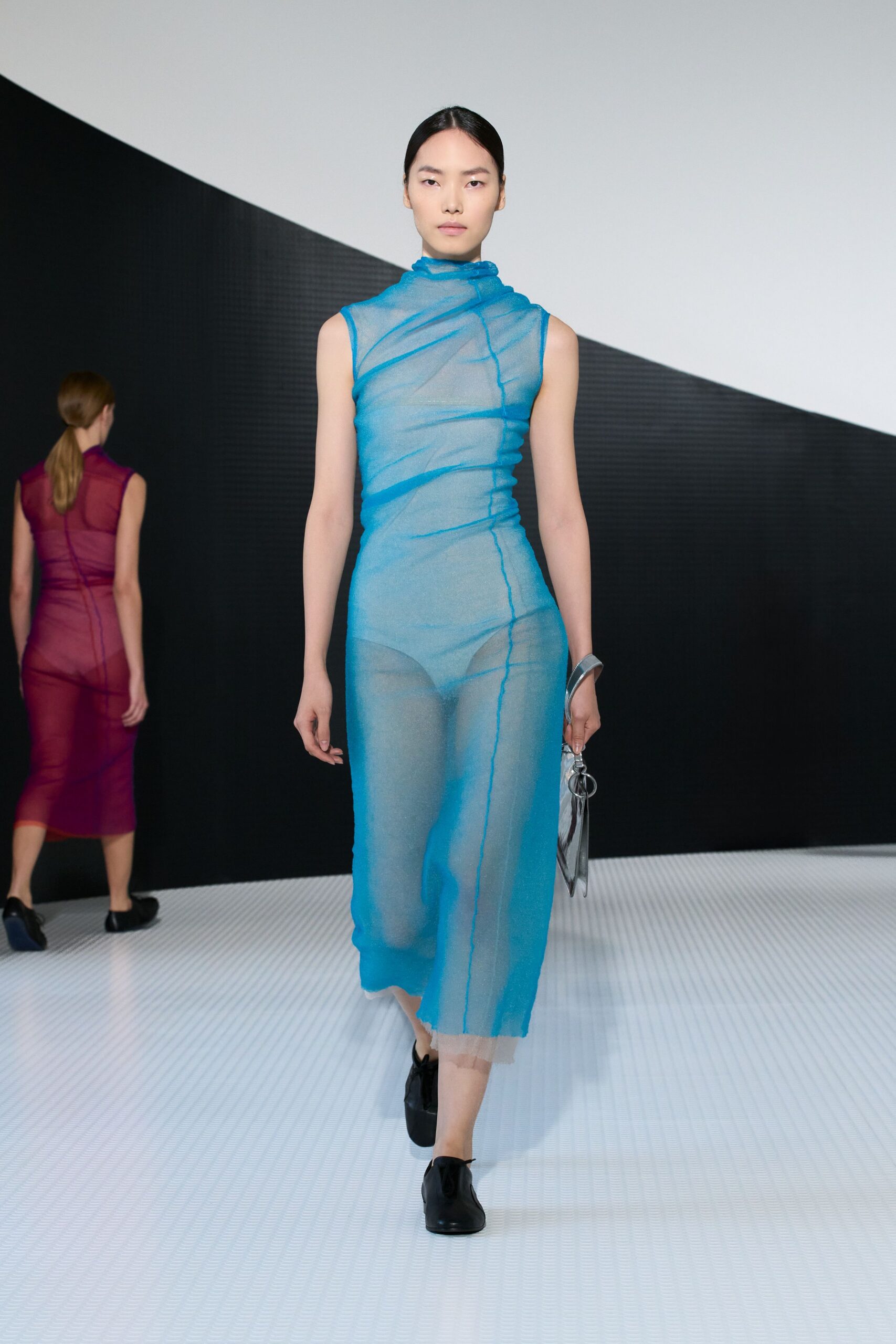 blue chiffon sleeveless high-neck fitted draped dress