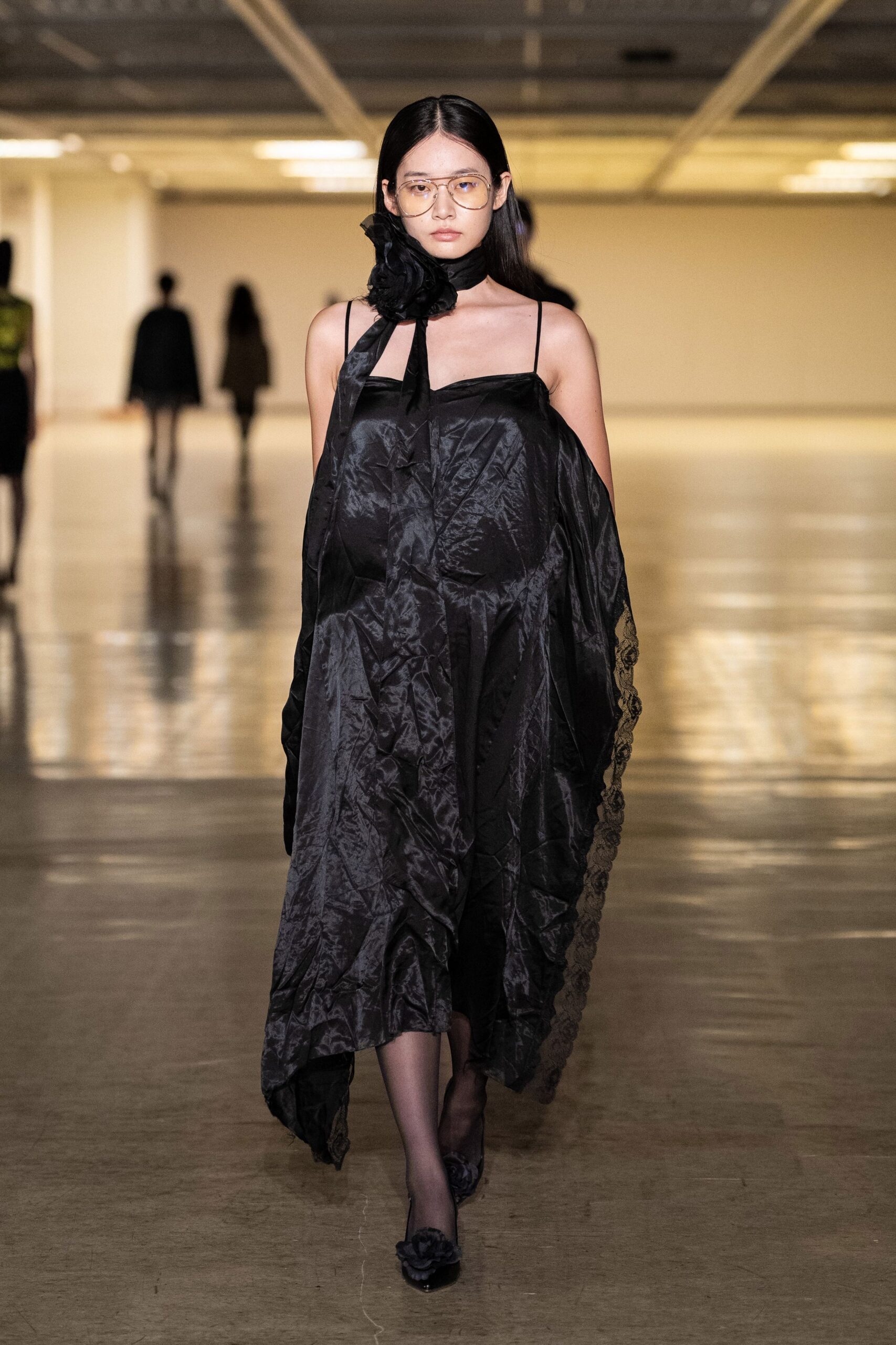 black silk sleeveless off-shoulder relaxed draped flowing dress