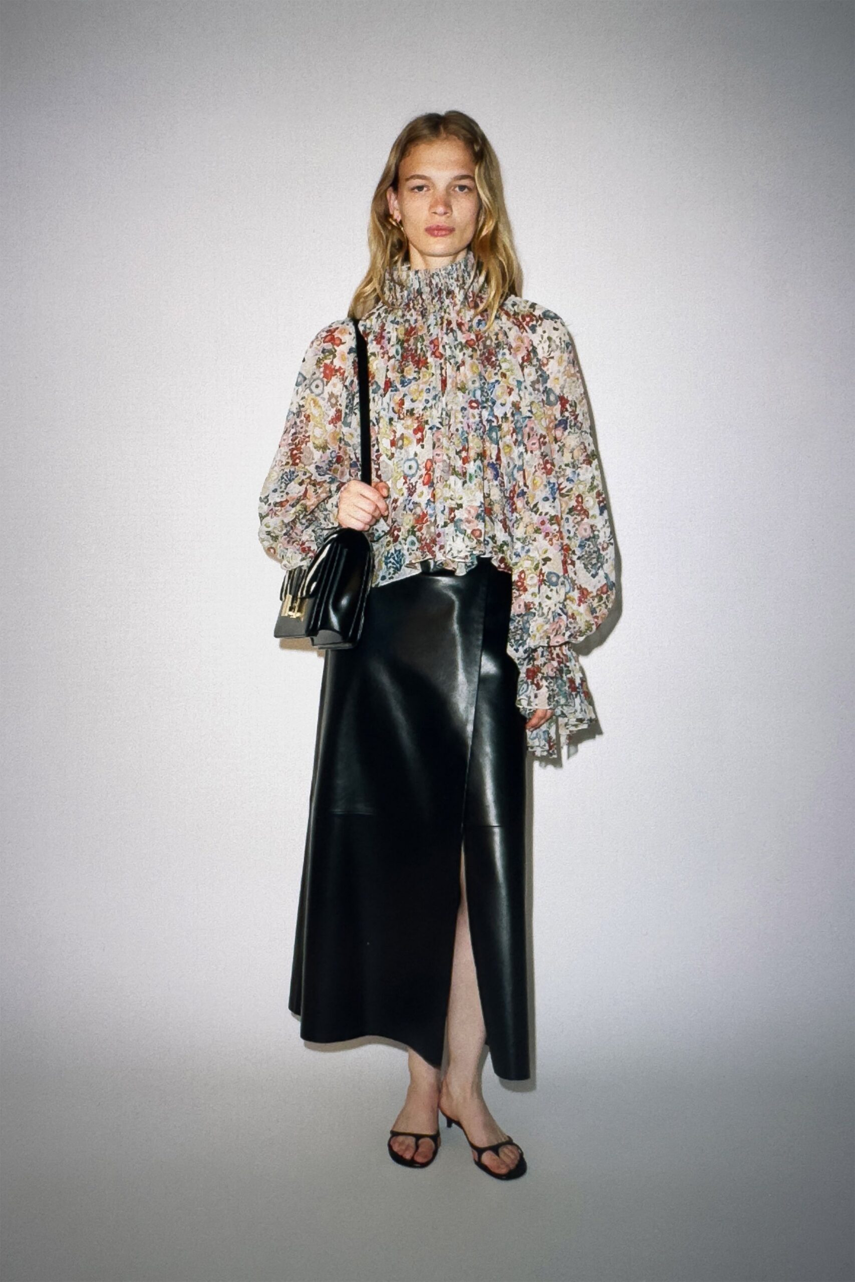 multi silk long-sleeve high-neck relaxed ruffled blouse