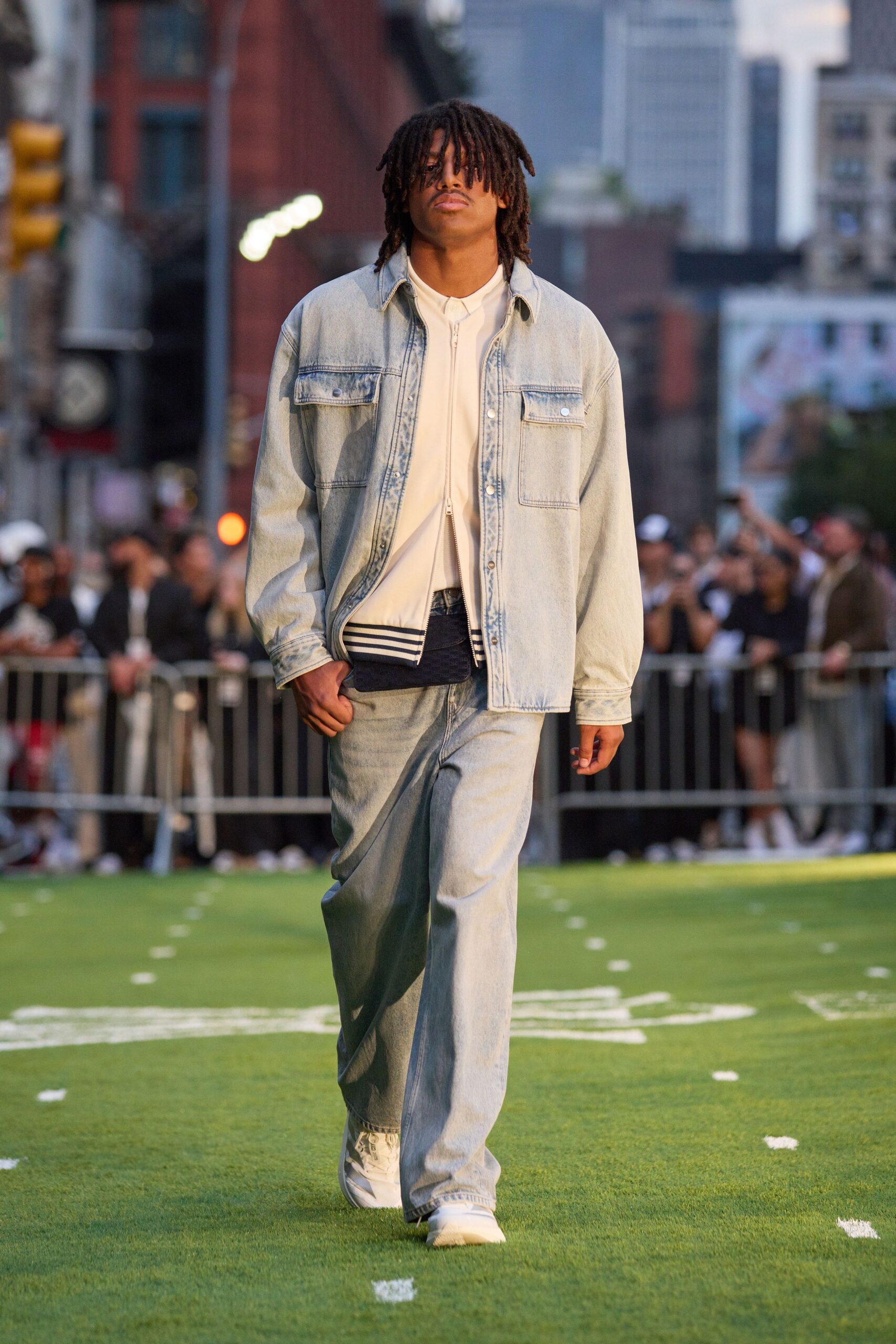 denim jacket with white shirt and relaxed pants