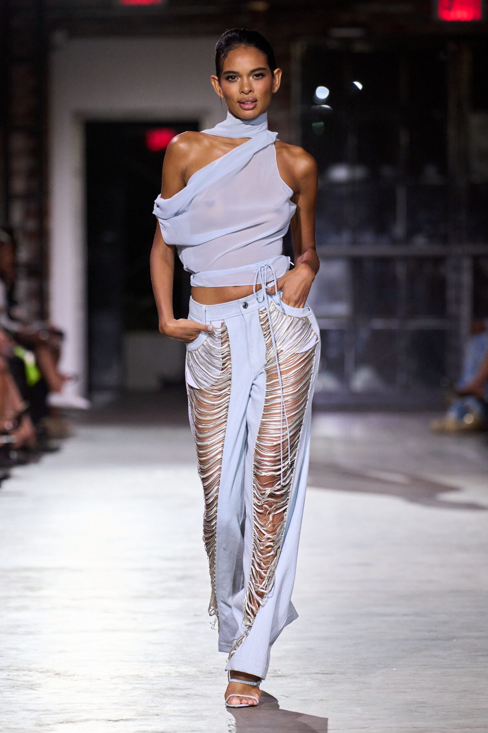 white chiffon sleeveless off-shoulder fitted draped flowing top