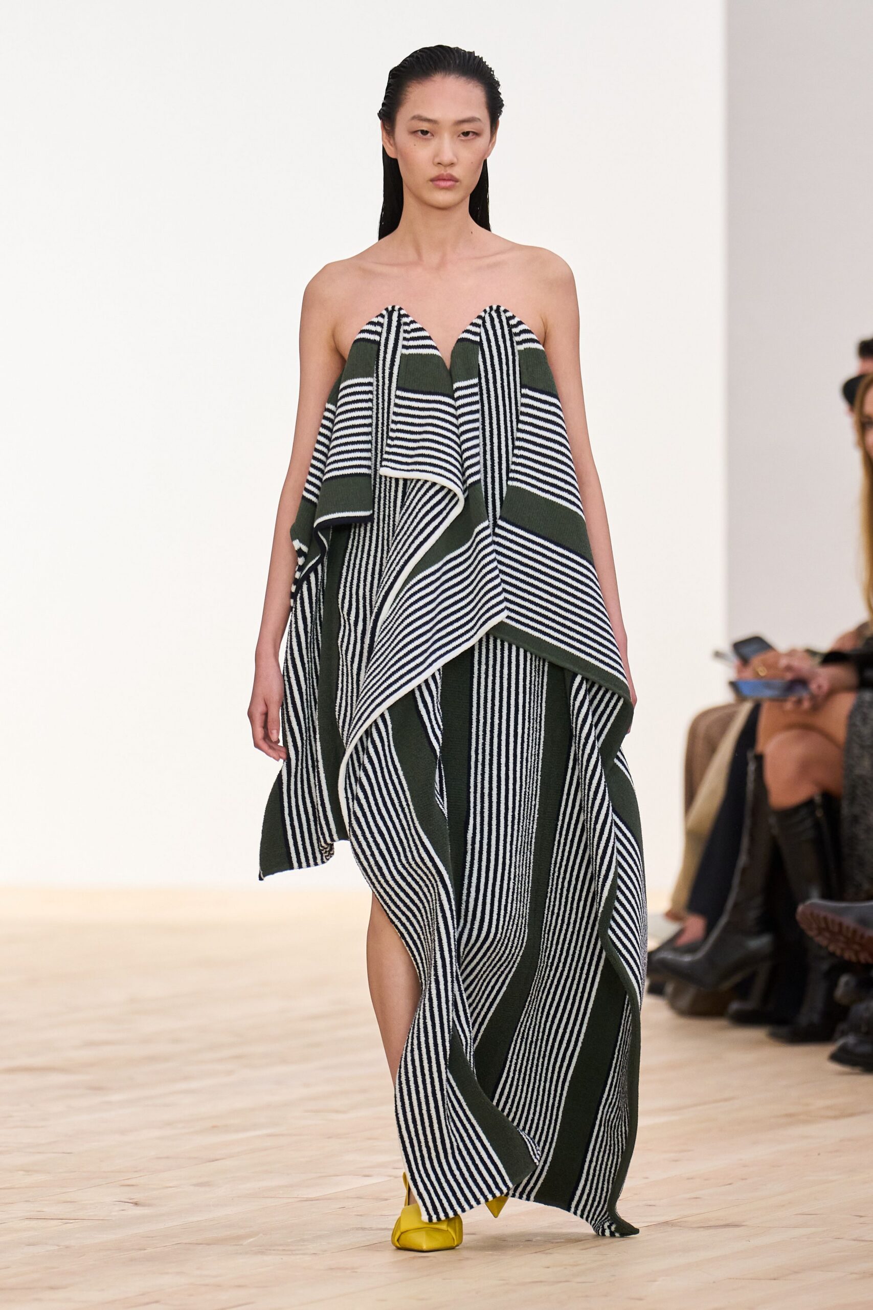 green cotton strapless relaxed striped layered maxi gown