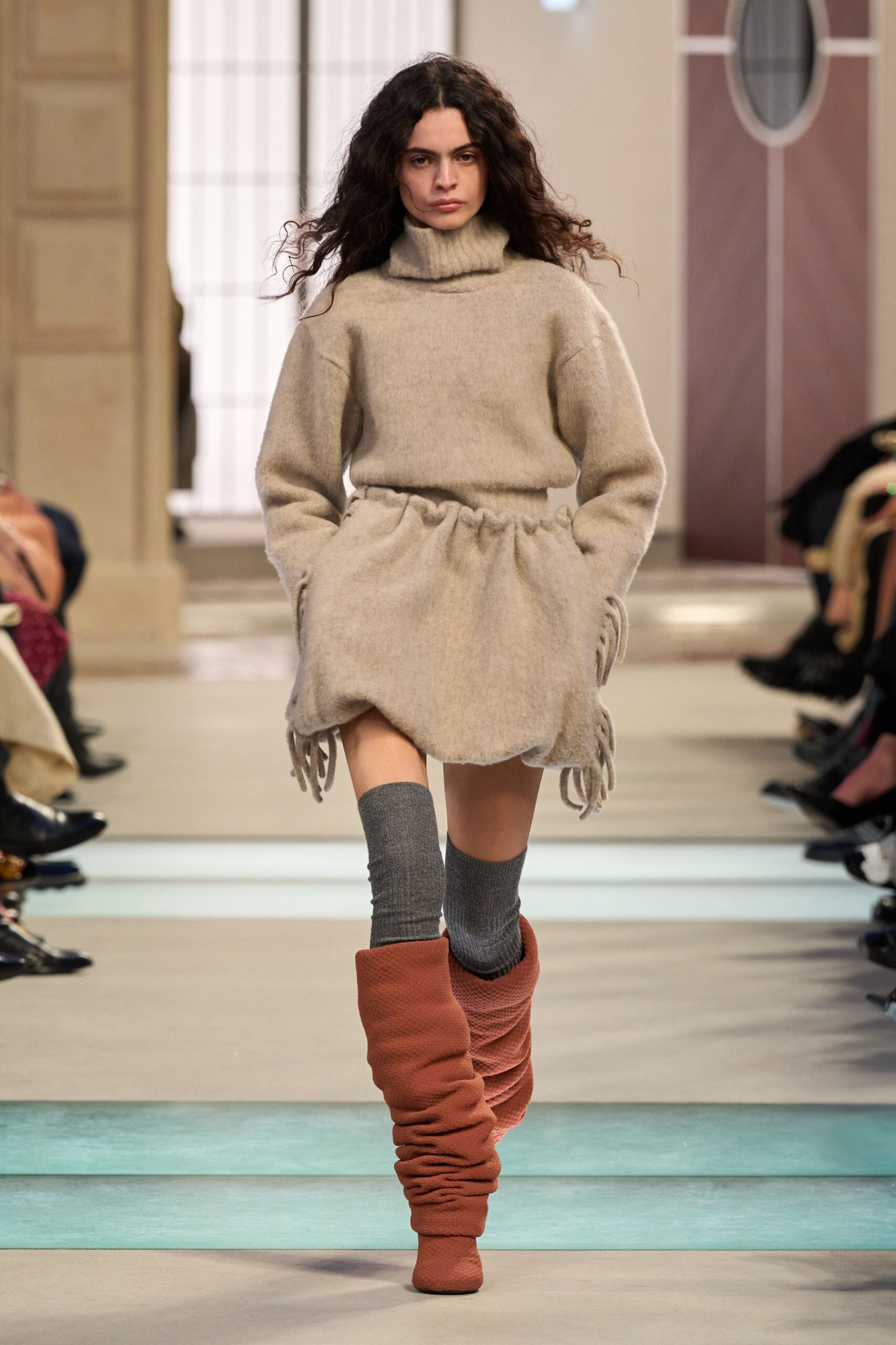 beige wool mini dress with fringes
