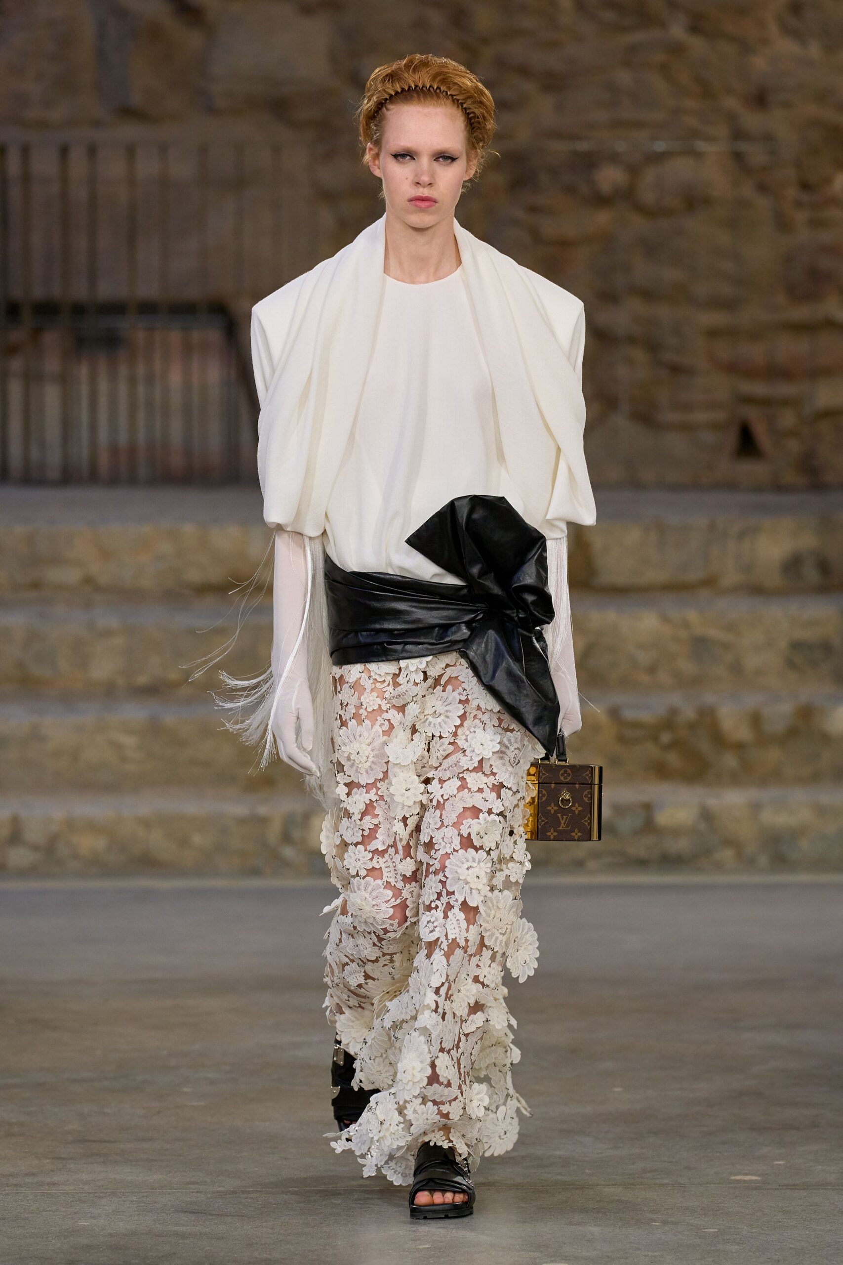 white silk top with lace skirt