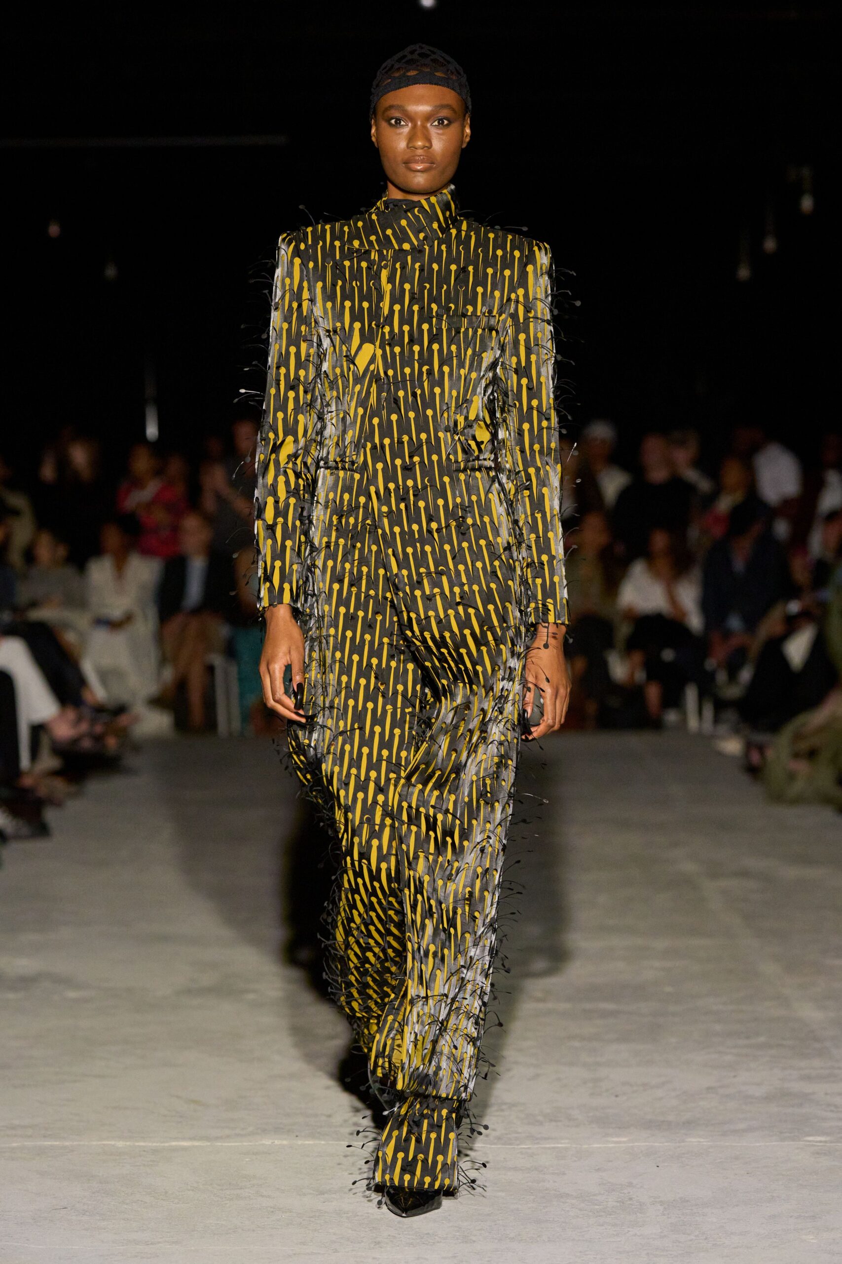 black cotton long-sleeve high-neck fitted printed fringed jumpsuit