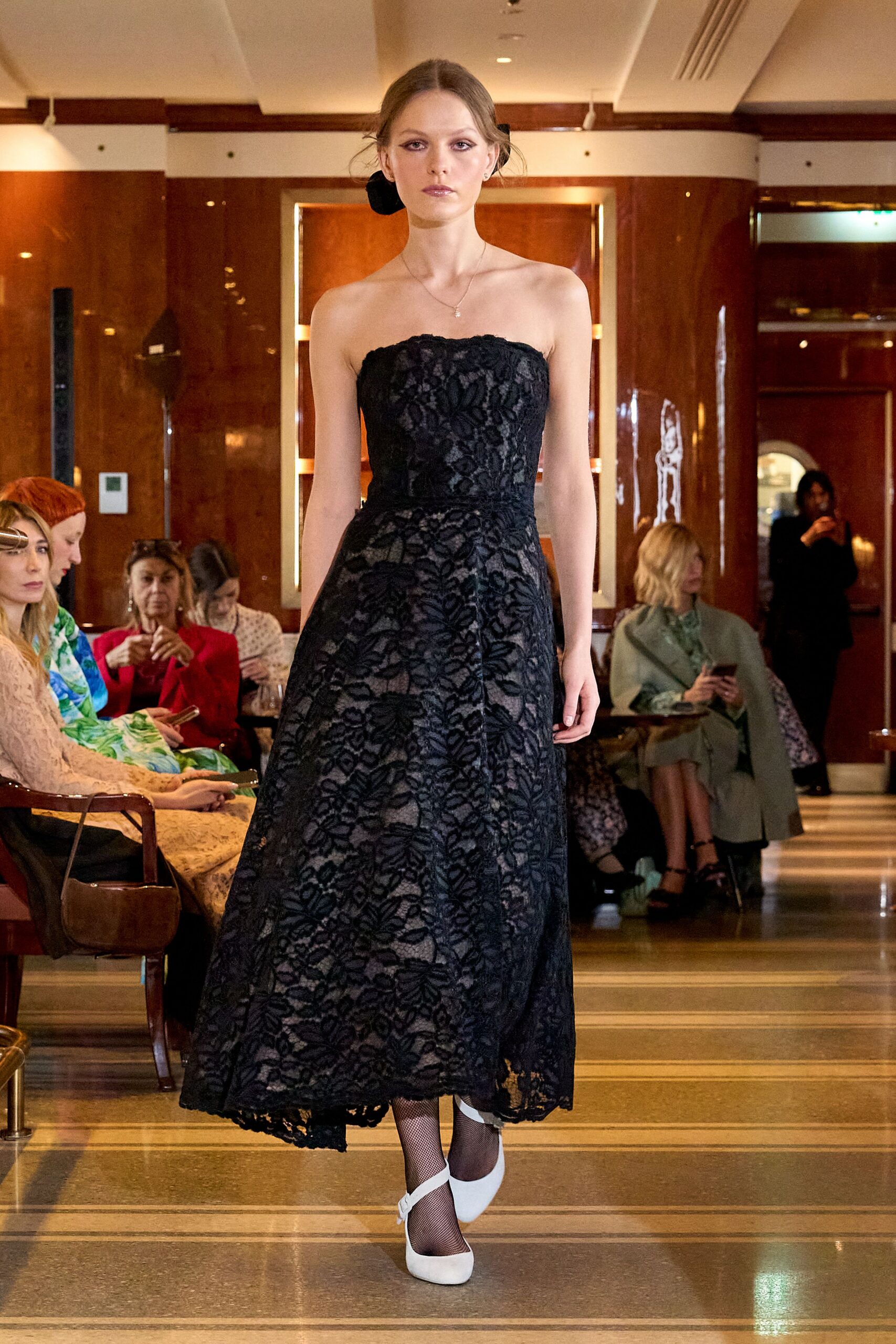 black lace strapless fitted tiered maxi gown