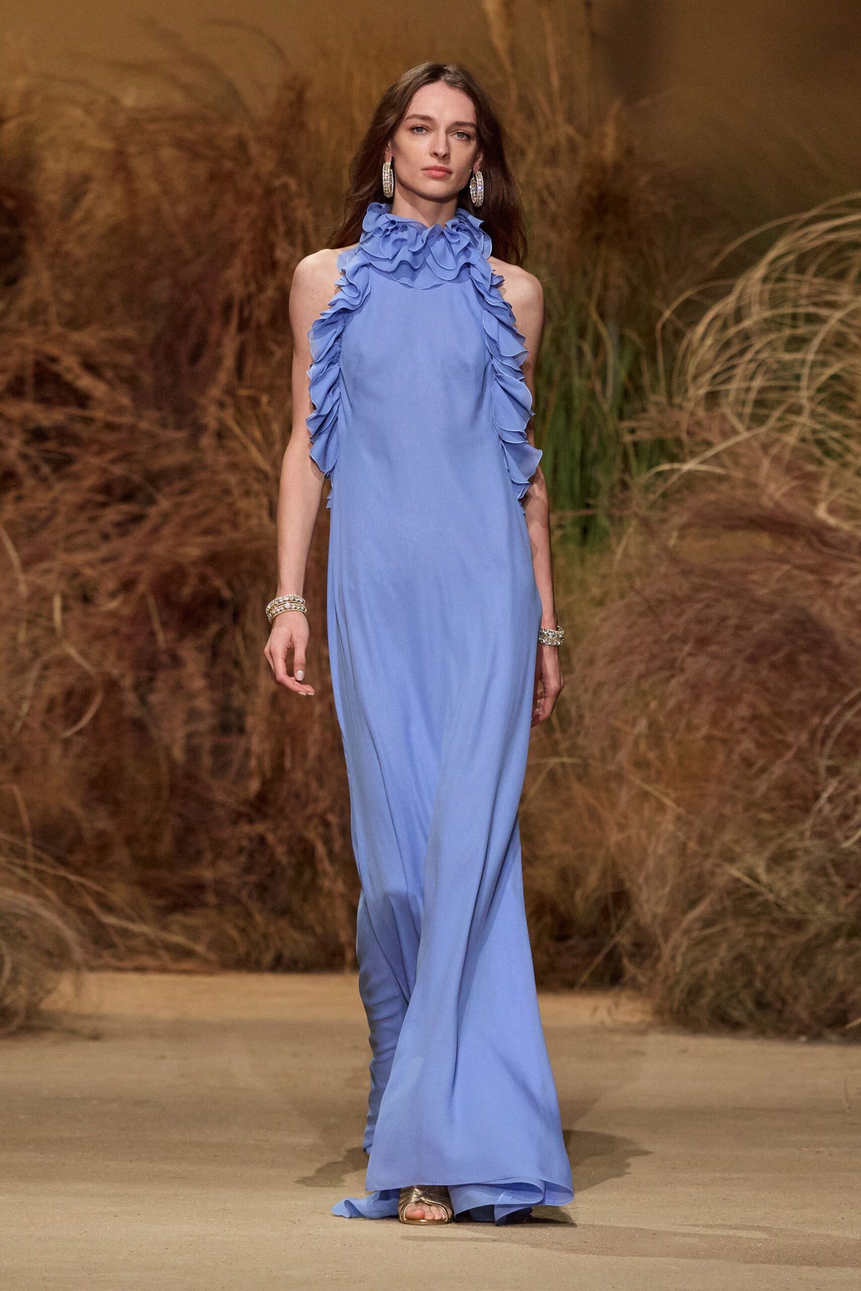 blue silk ruffled gown