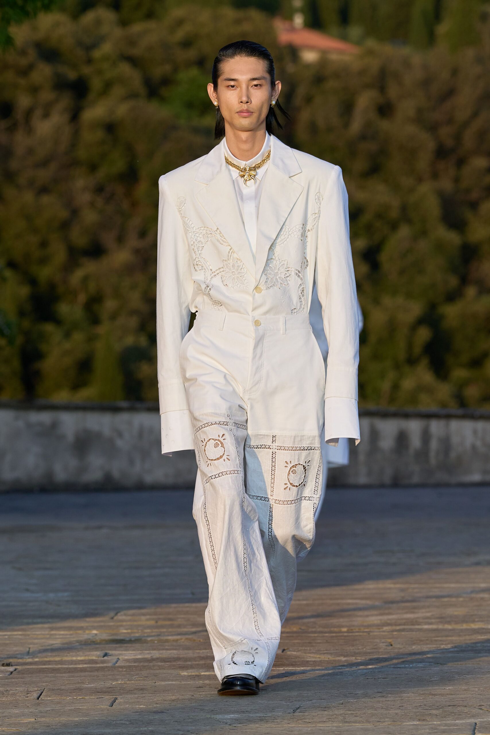 white cotton tailored embroidered wide-leg pants