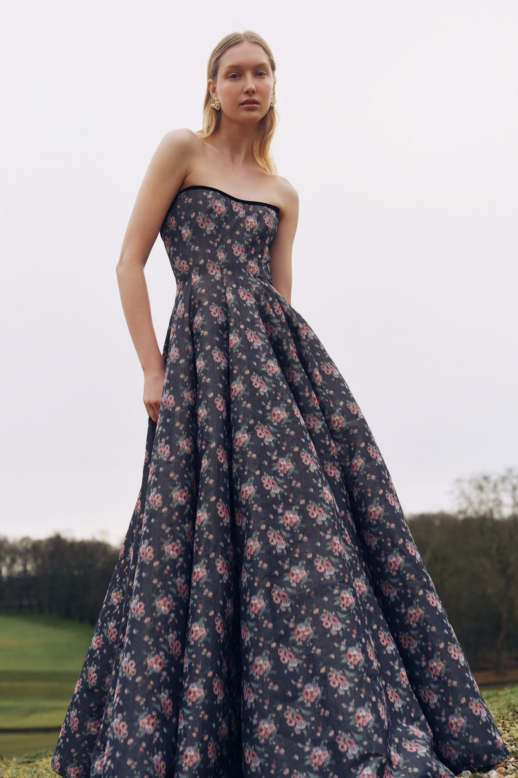black floral strapless gown