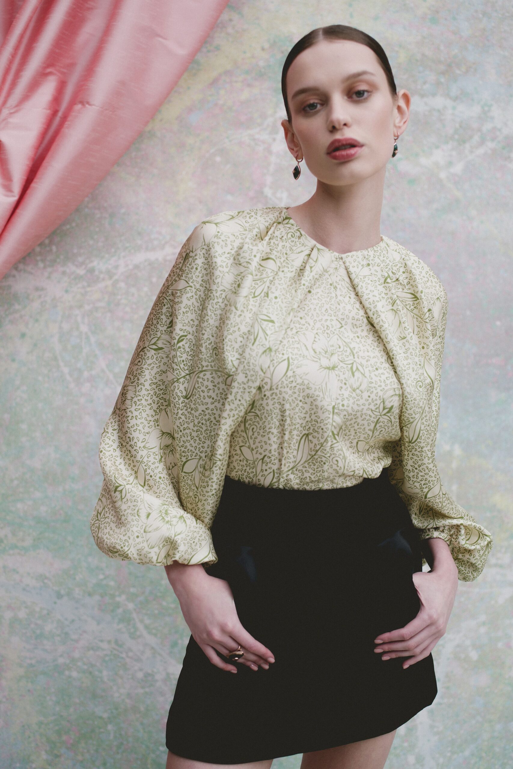yellow silk long-sleeve collared relaxed printed blouse