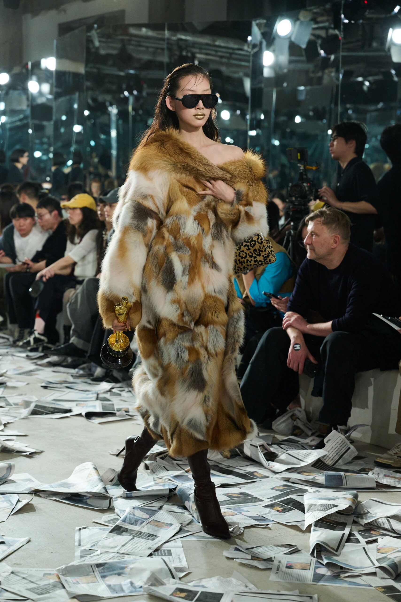 brown fur coat with sunglasses
