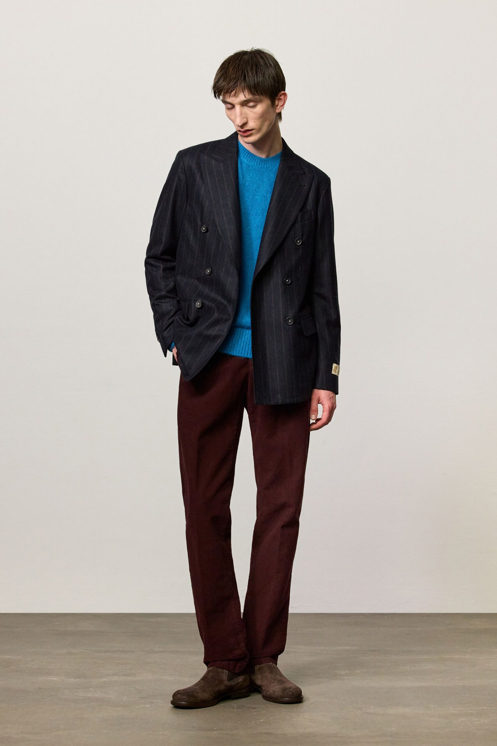 black striped blazer with blue sweater