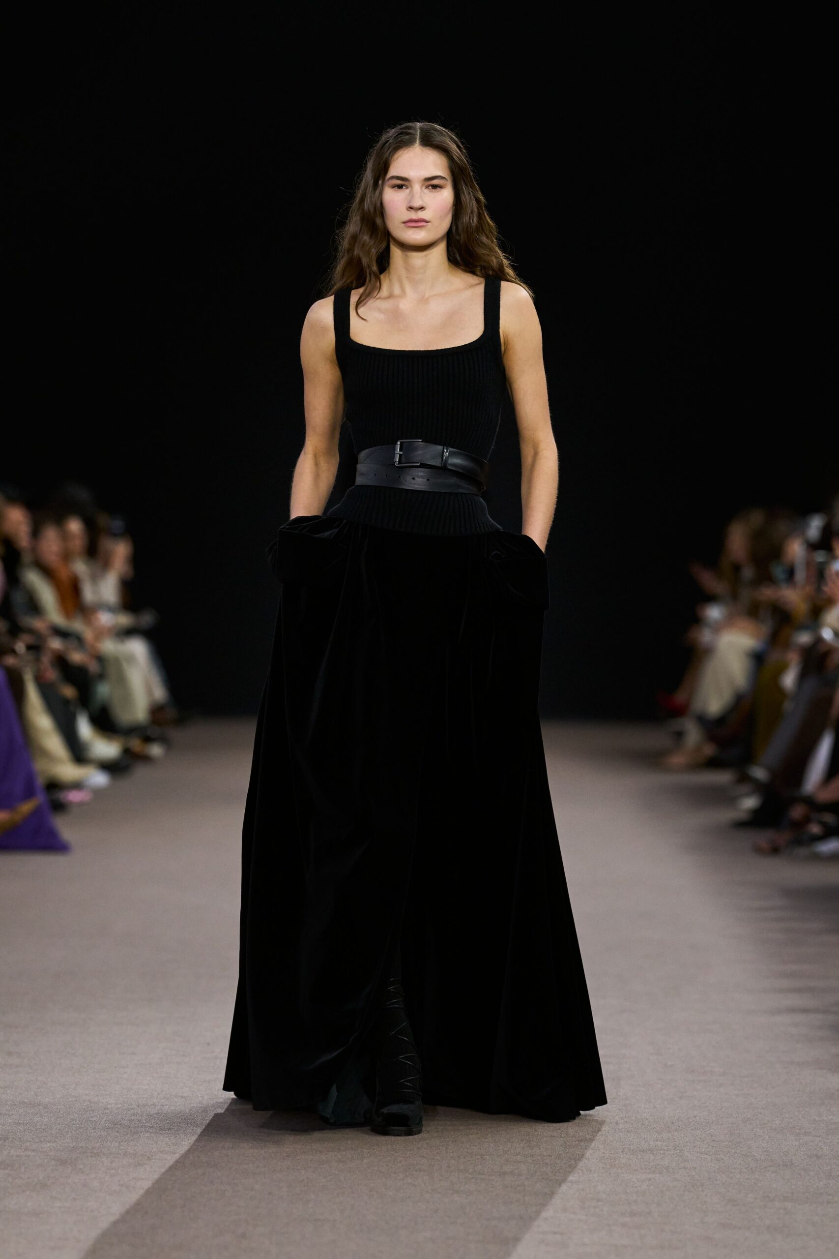 black velvet sleeveless square-neck fitted pleated maxi dress