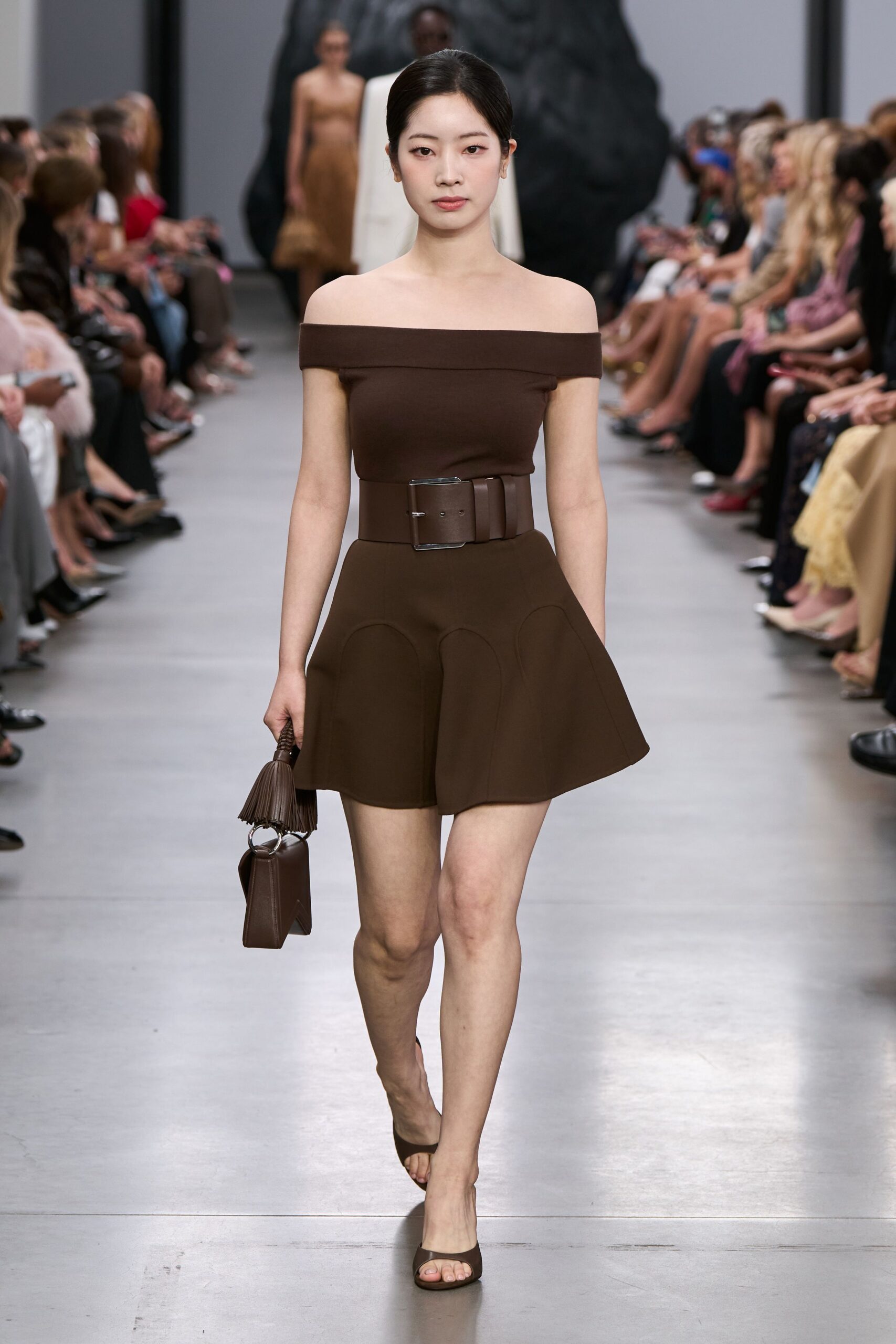brown cotton sleeveless off-shoulder fitted belted flared dress