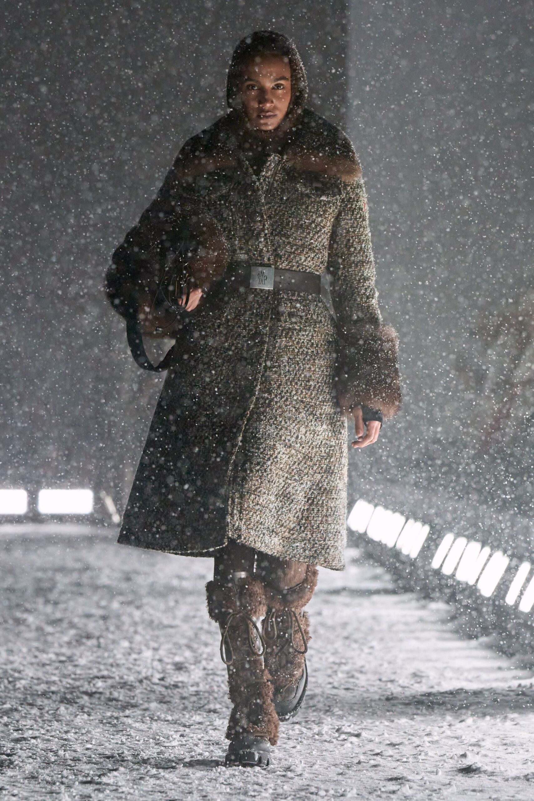 brown wool long-sleeve collared fitted belted textured coat