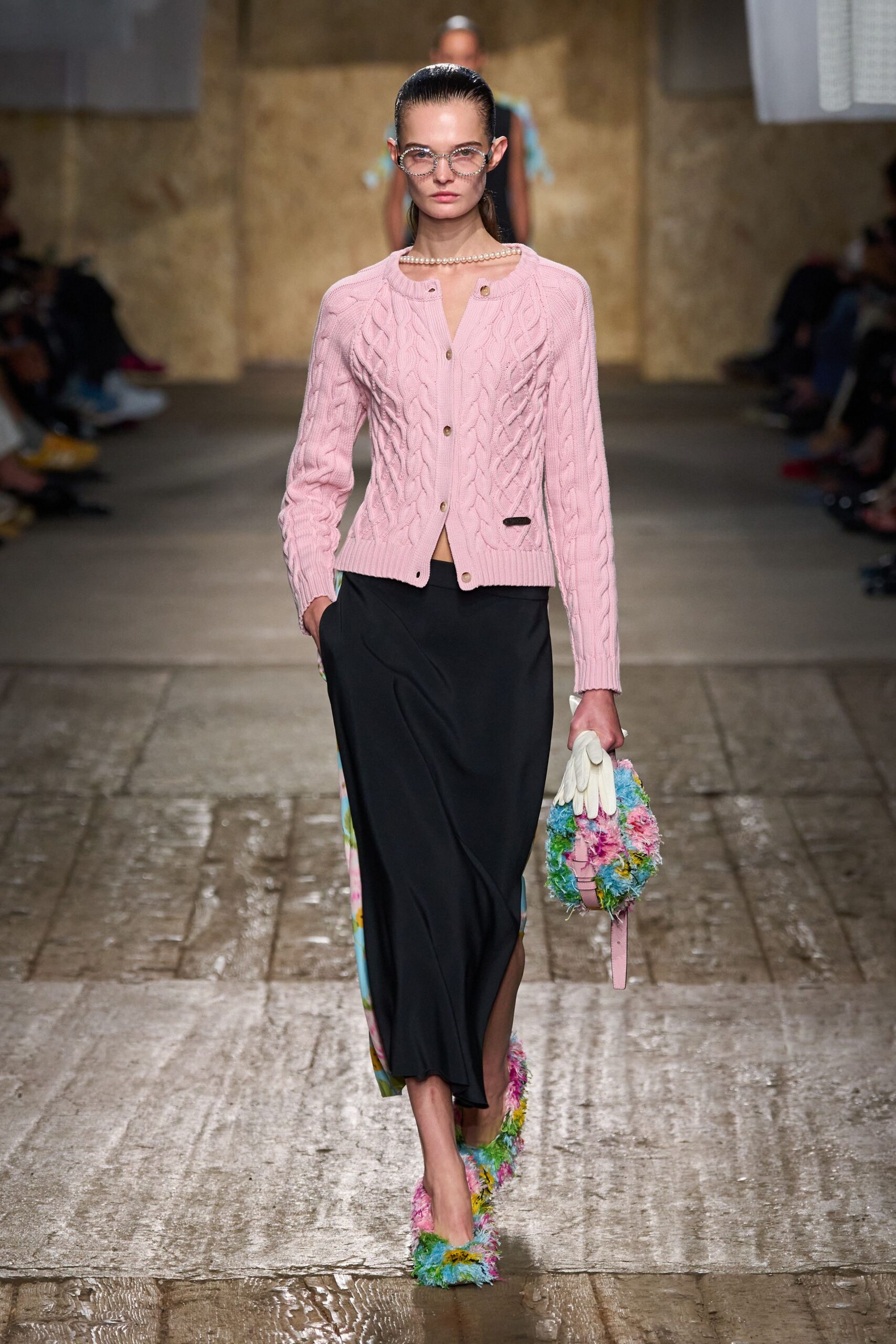 black silk slit fitted straight-leg skirt