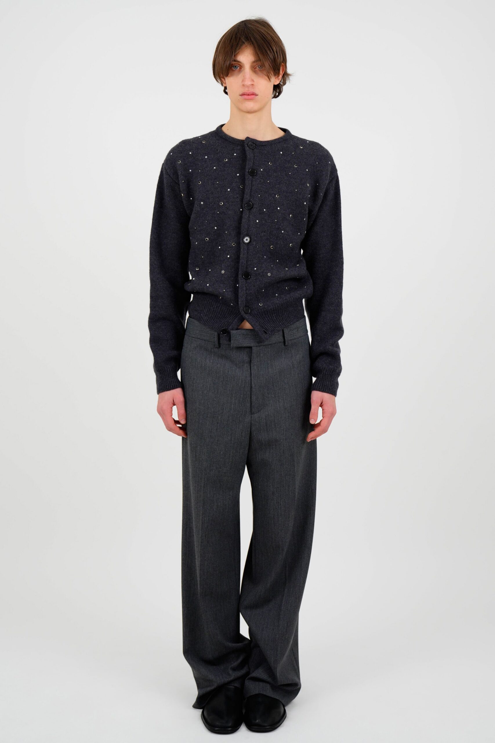 gray wool long-sleeve collared relaxed buttoned beaded cardigan