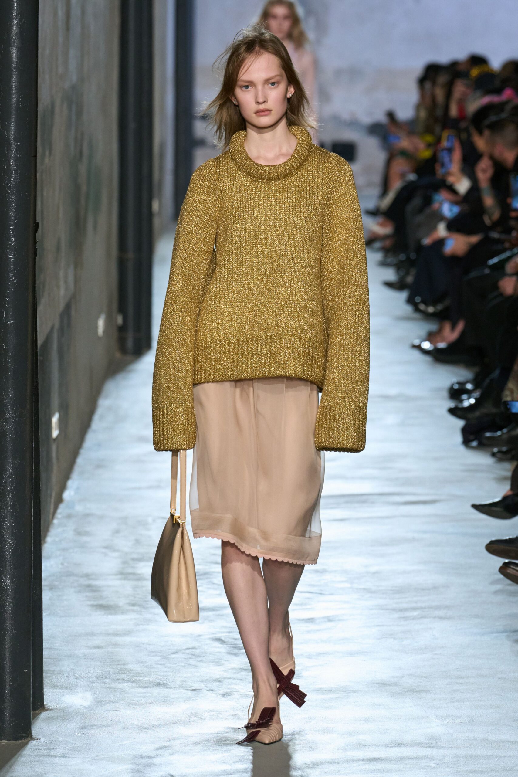 gold wool long-sleeve collared oversized sweater