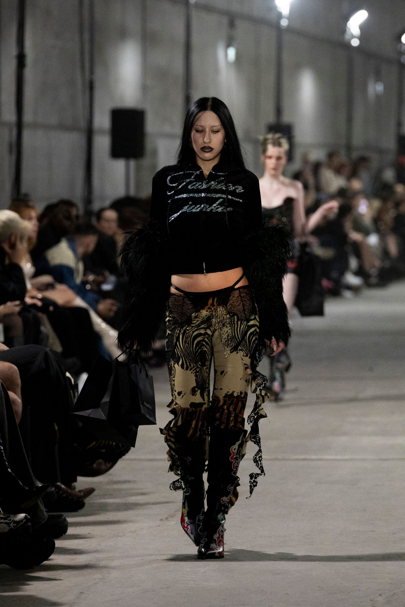 multi silk fitted flared ruffled pants