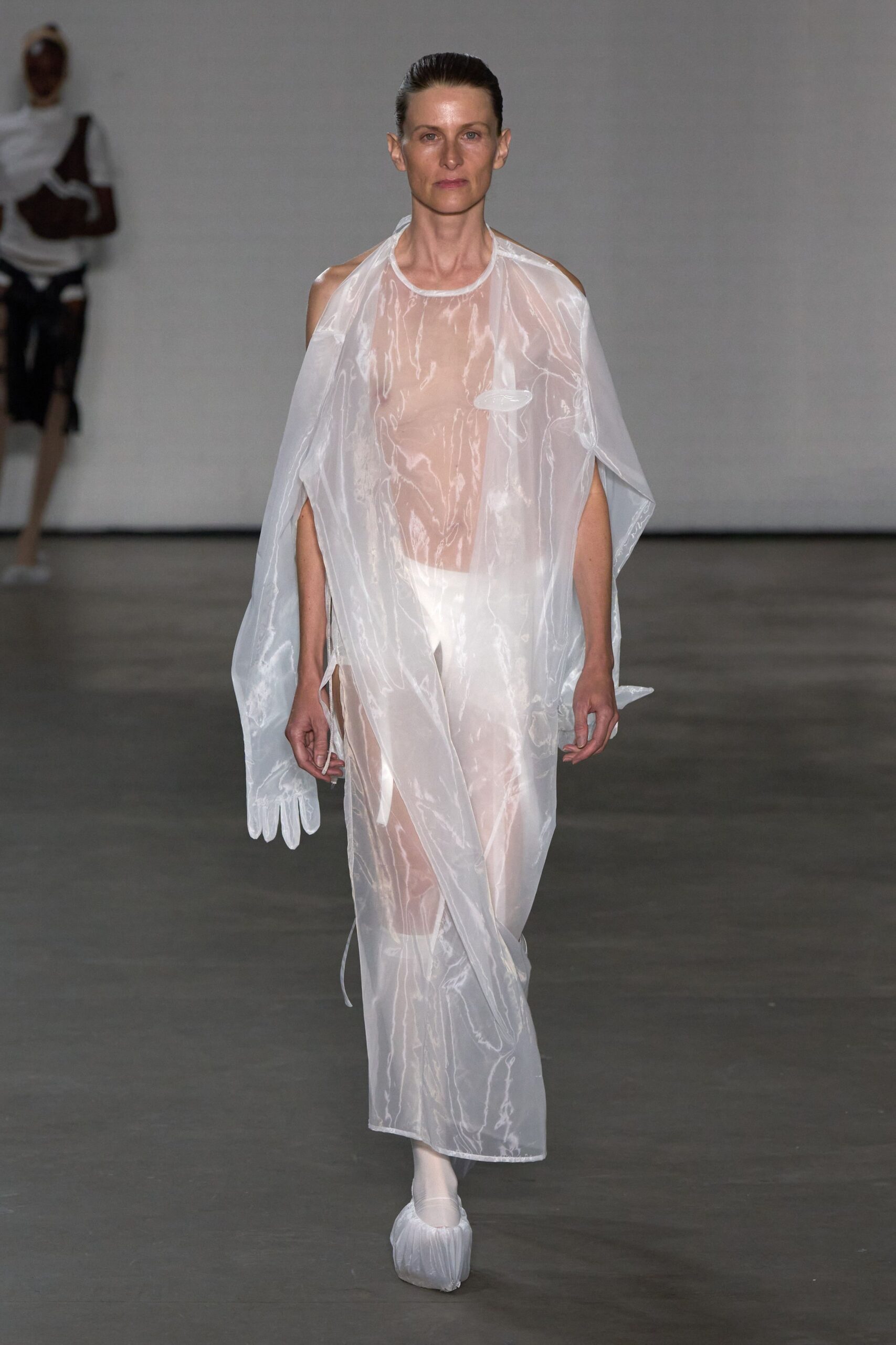 sheer white maxi dress with gloves