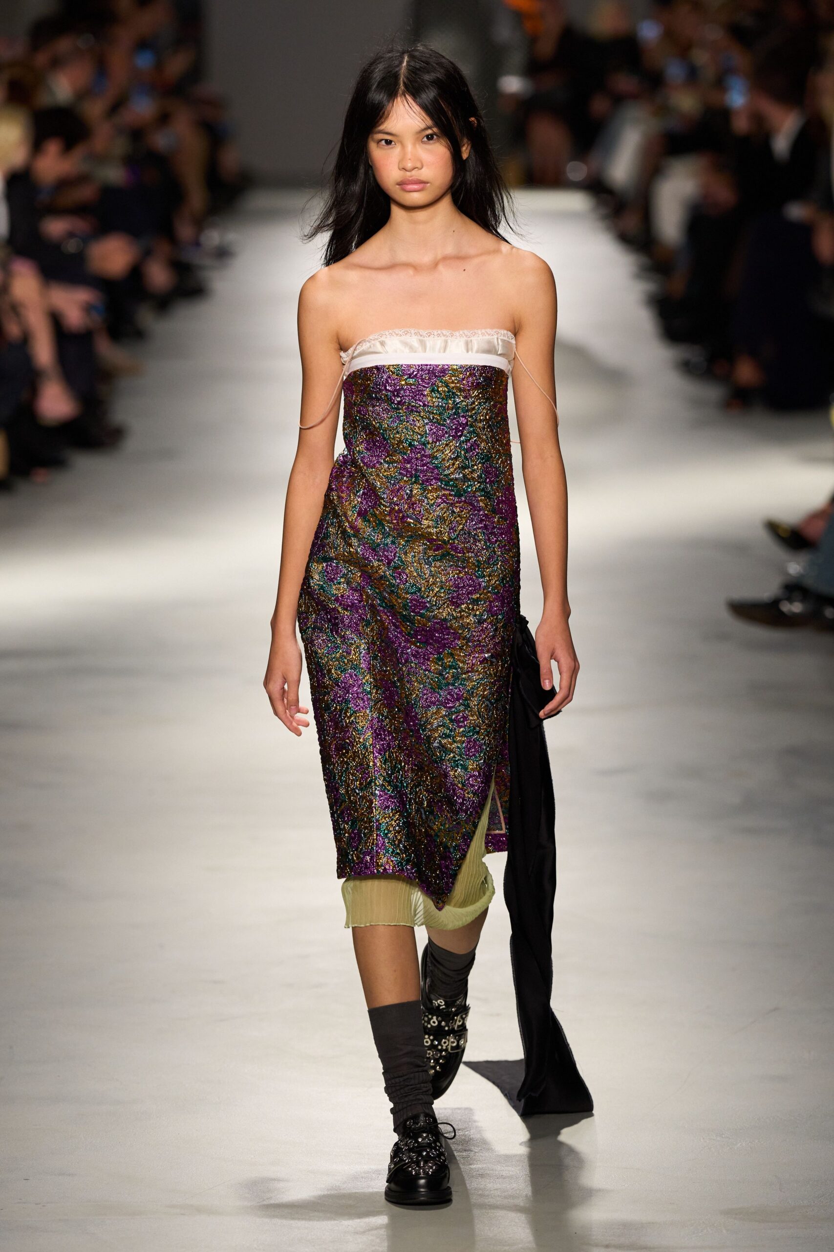 purple silk sleeveless off-shoulder fitted layered shiny dress