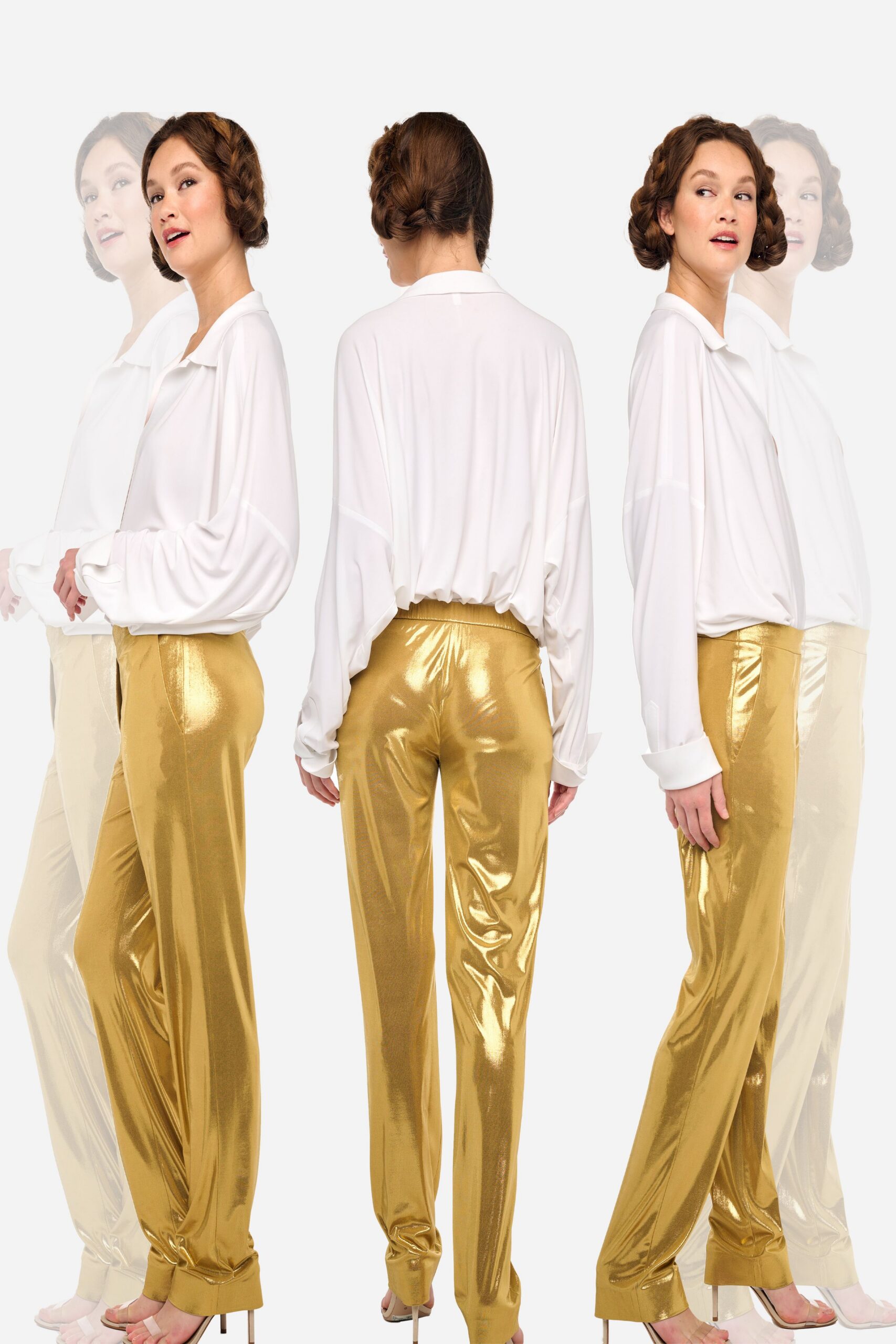 white relaxed shirt gold pants