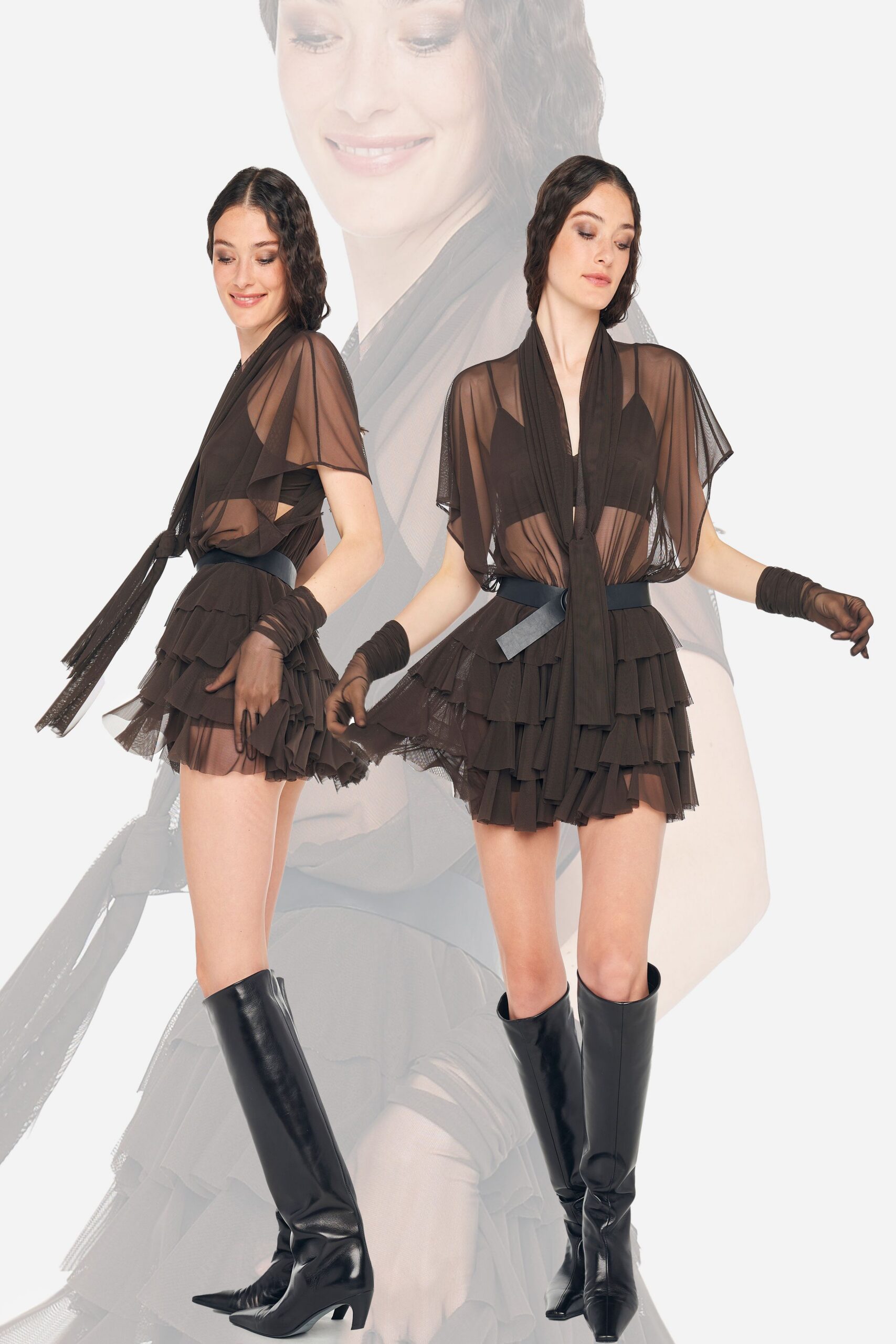 black chiffon sleeveless v-neck fitted ruffled tiered dress