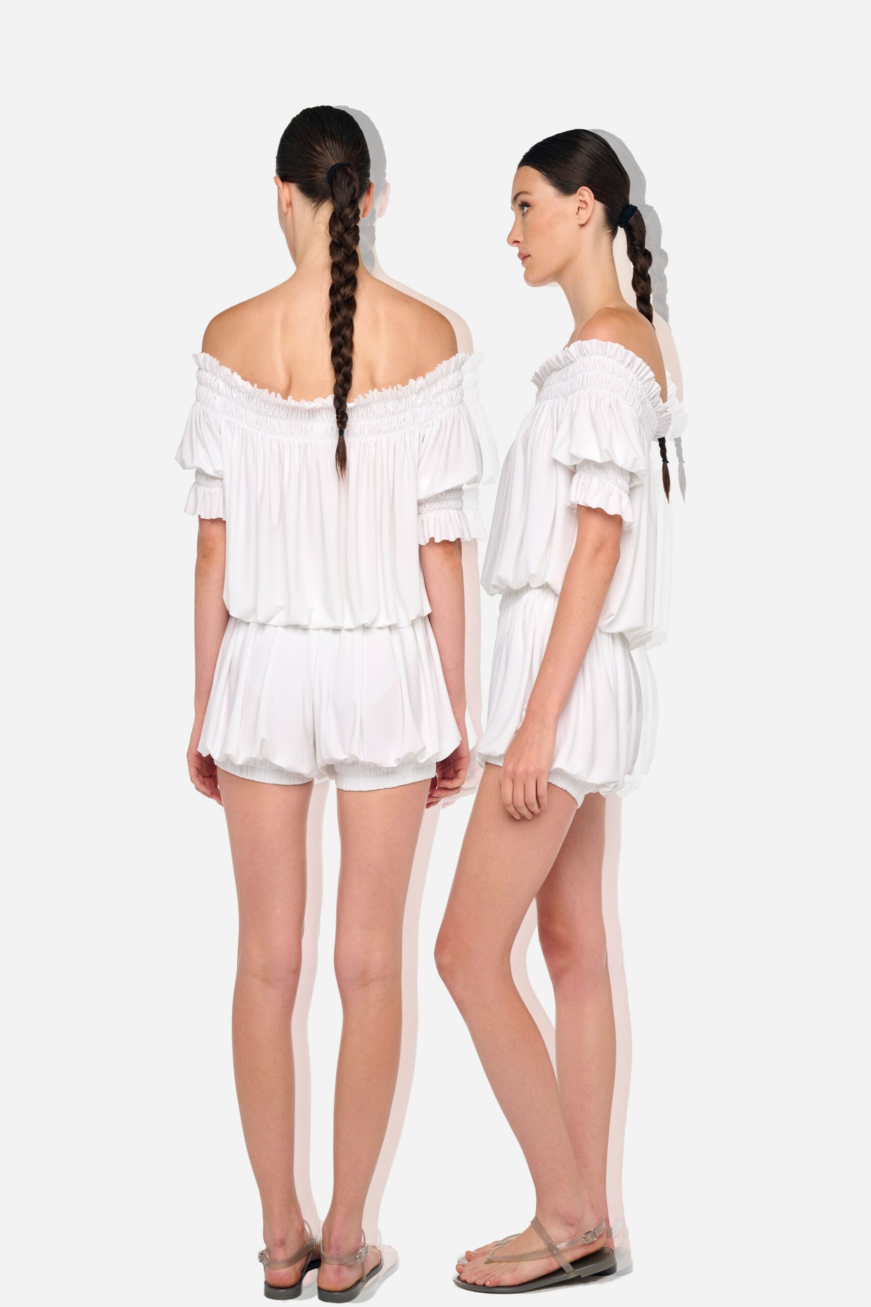 white off-shoulder romper with sandals