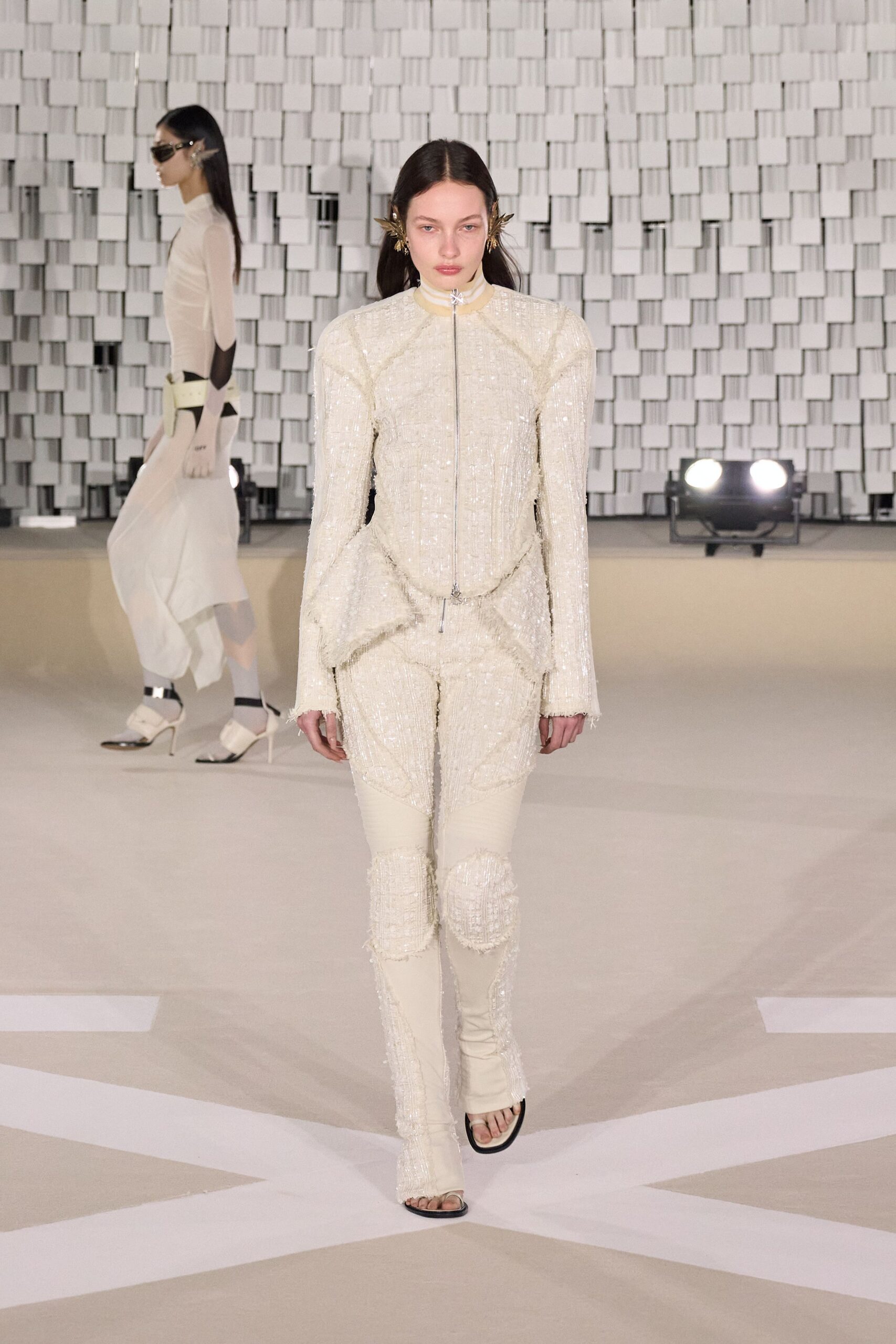 white sequin long-sleeve collared fitted zippered embellished catsuit