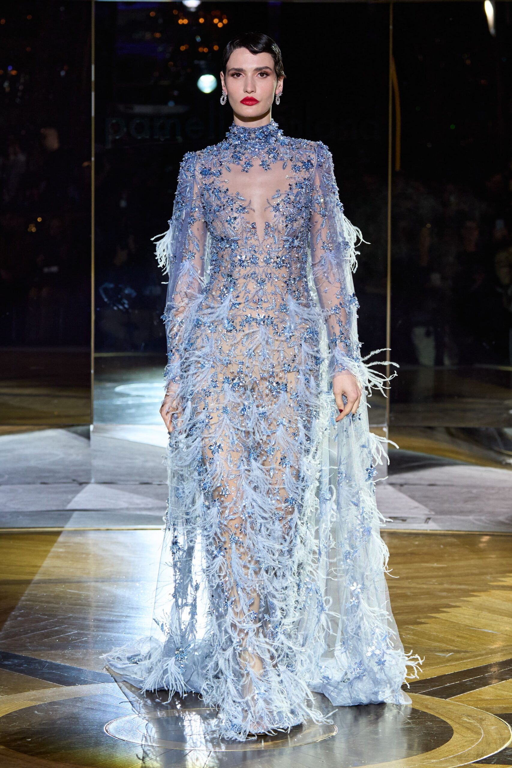 blue lace long-sleeve gown