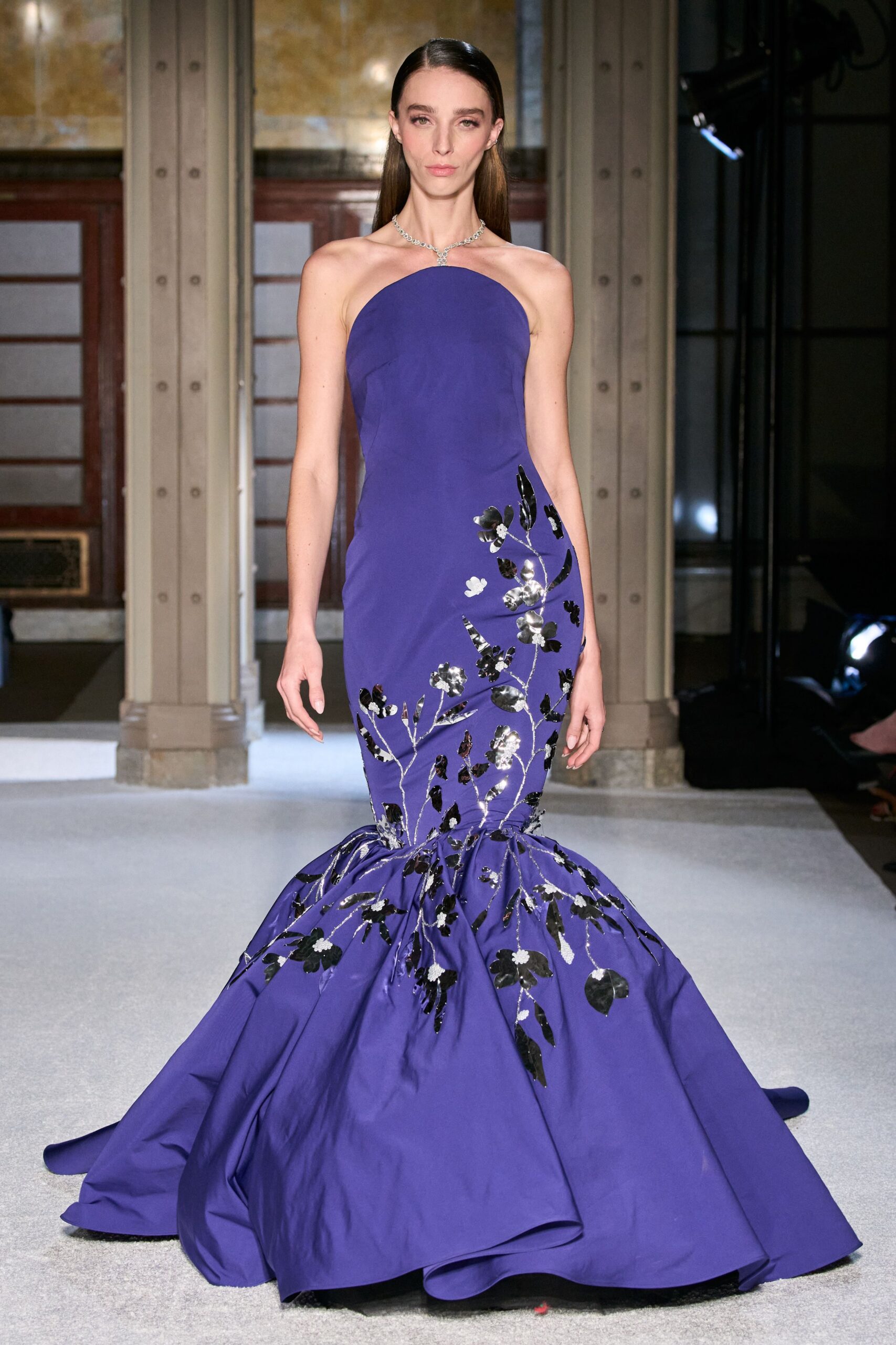 purple silk strapless gown