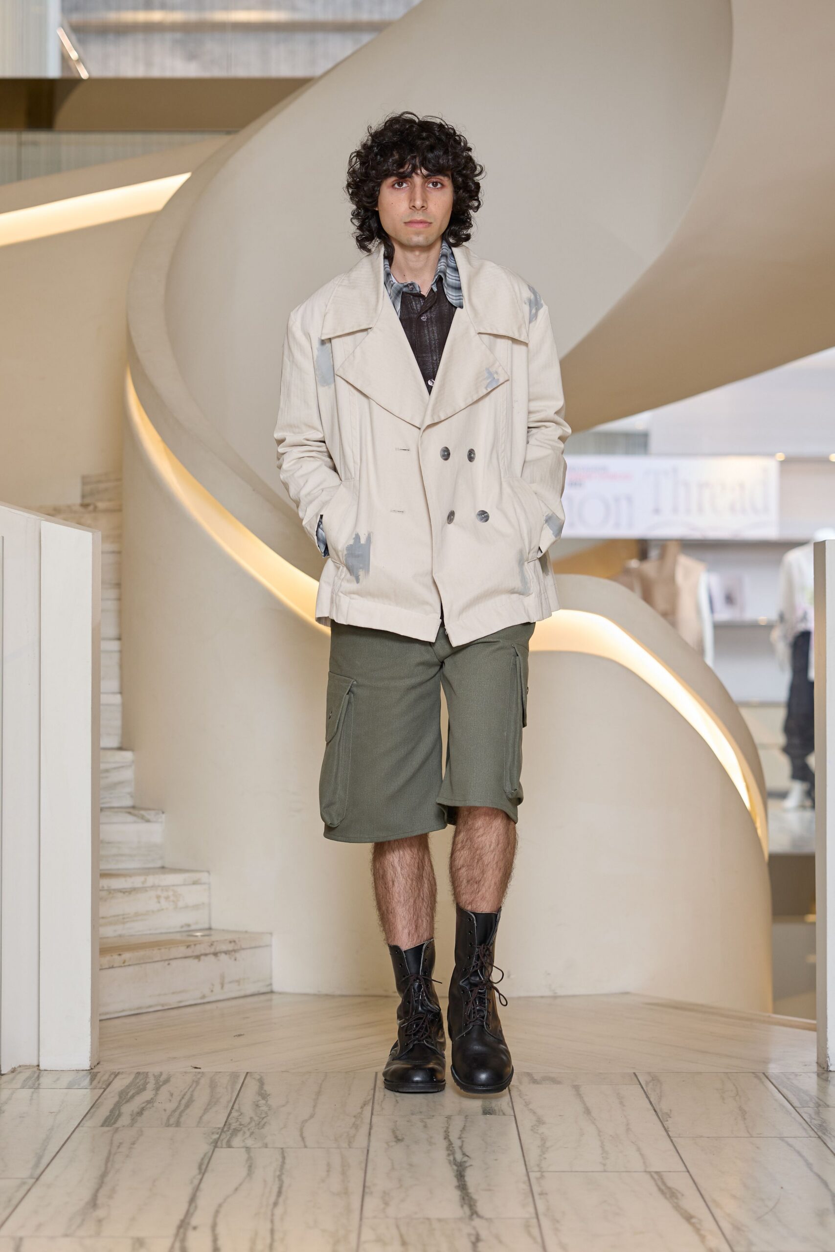 beige cotton long-sleeve collared relaxed buttoned jacket