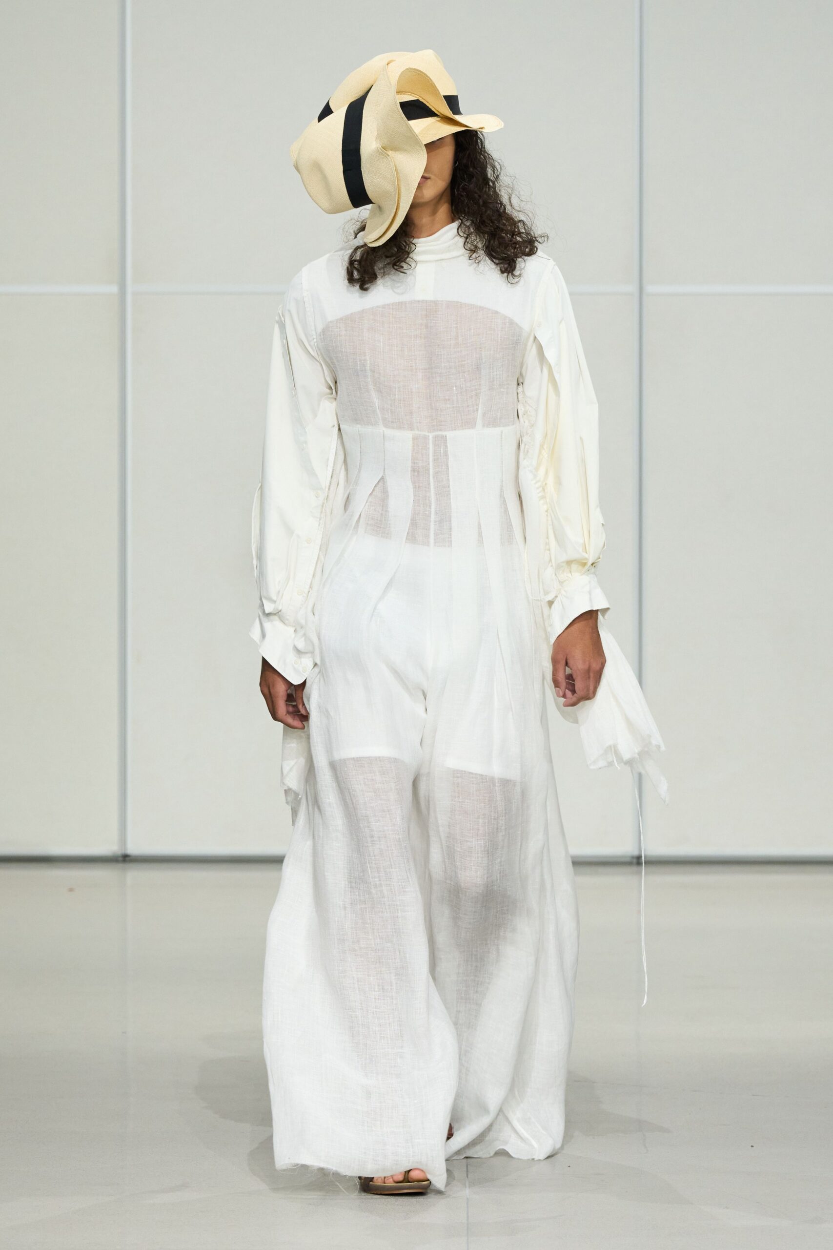 white cotton long-sleeve collared relaxed layered sheer jumpsuit