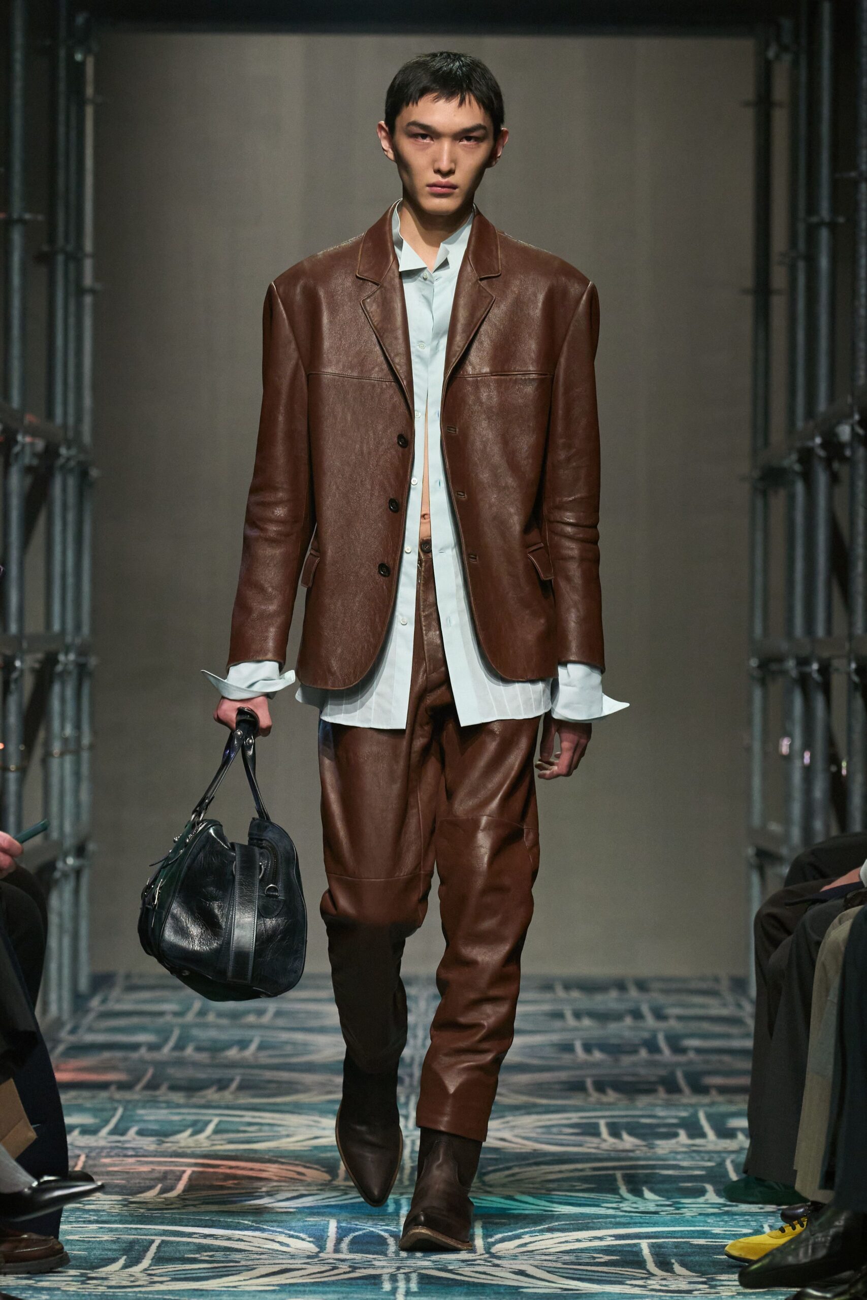 brown leather long-sleeve collared tailored blazer