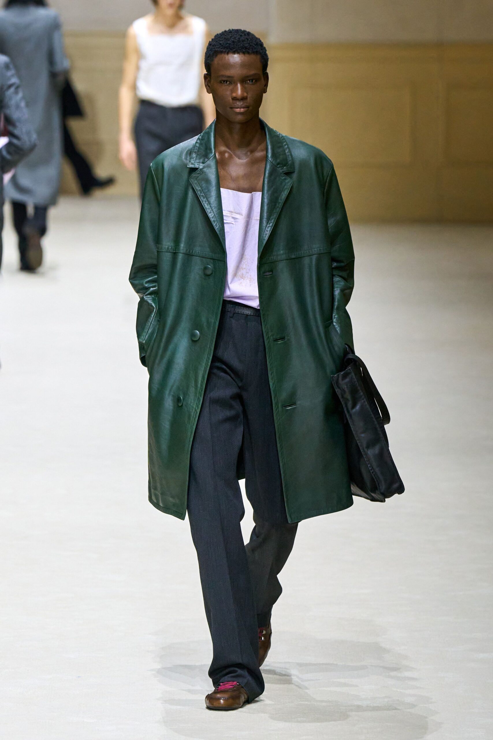 green leather long-sleeve relaxed coat