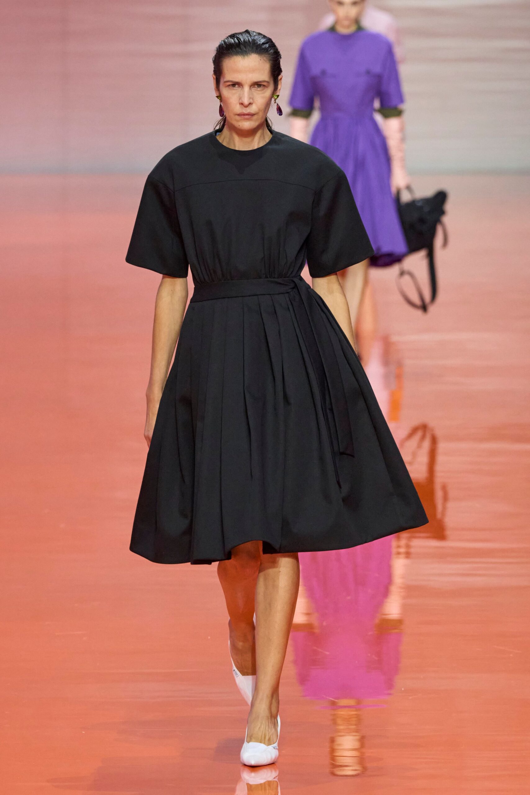 black midi dress with white shoes