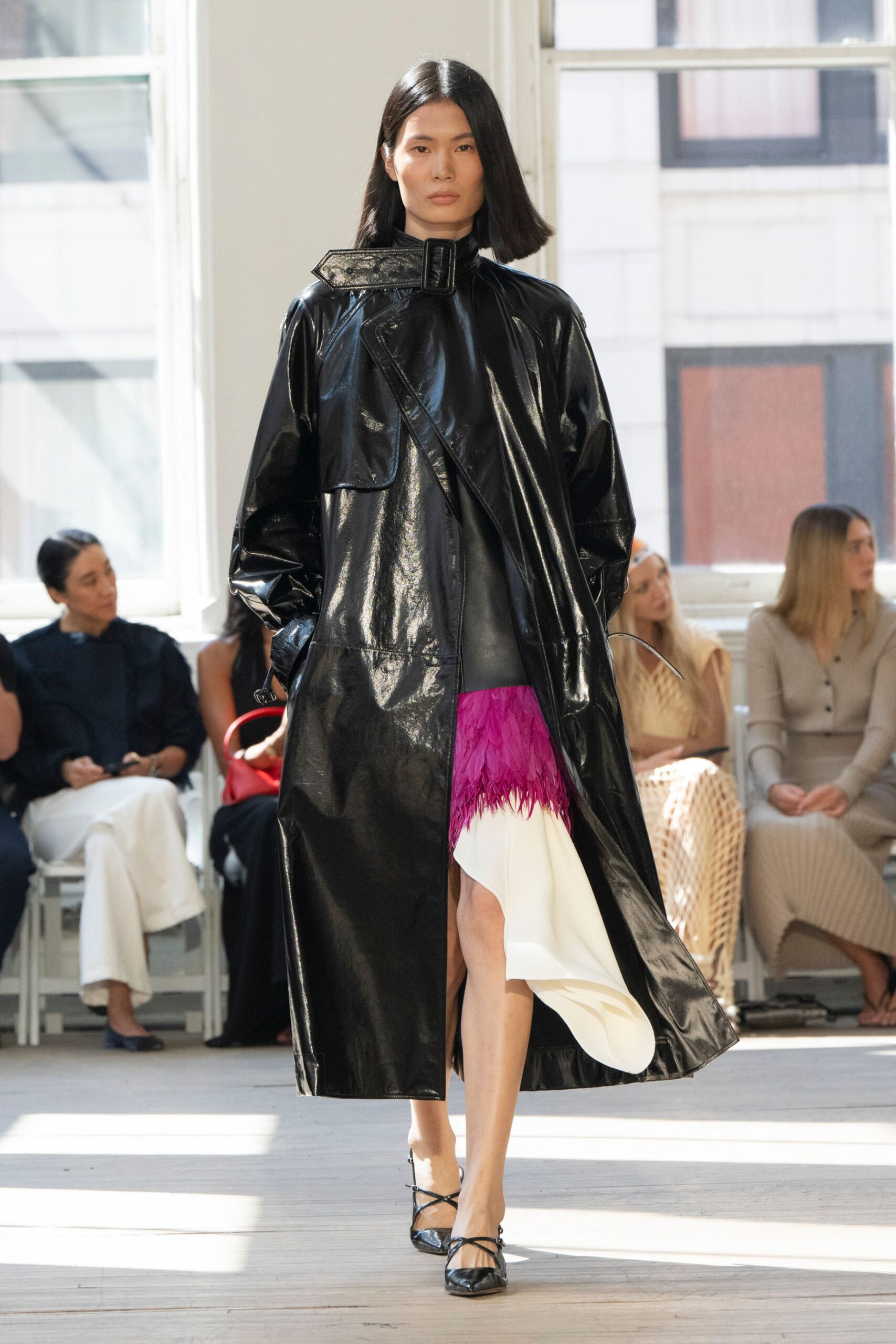 black vinyl long-sleeve collared relaxed zippered shiny coat