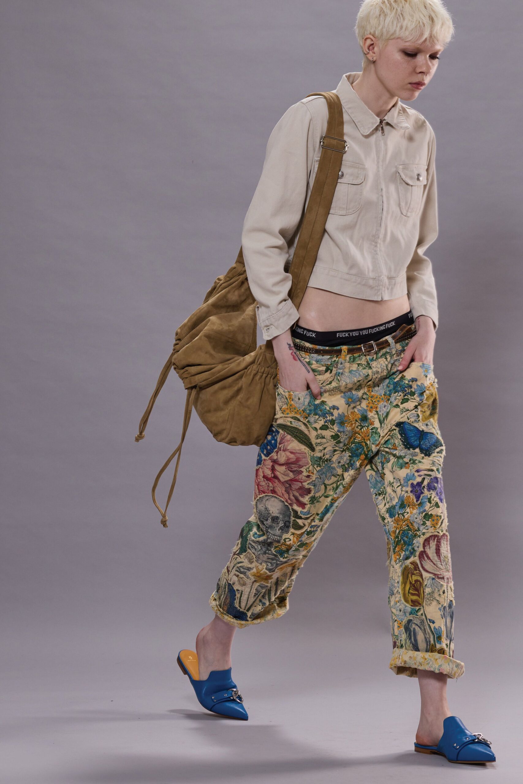 beige jacket multi printed pants