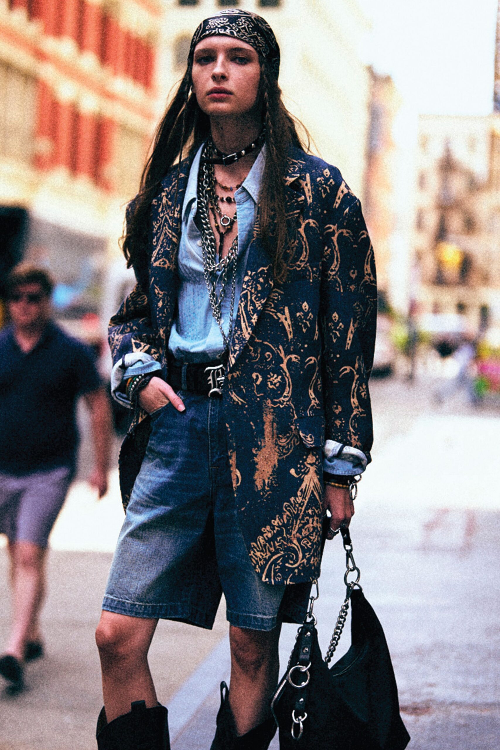 blue printed blazer with denim shorts