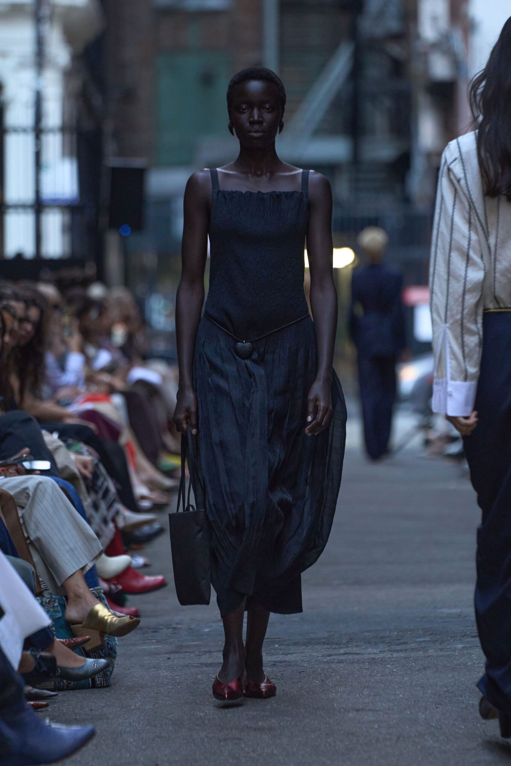 black midi dress with red shoes