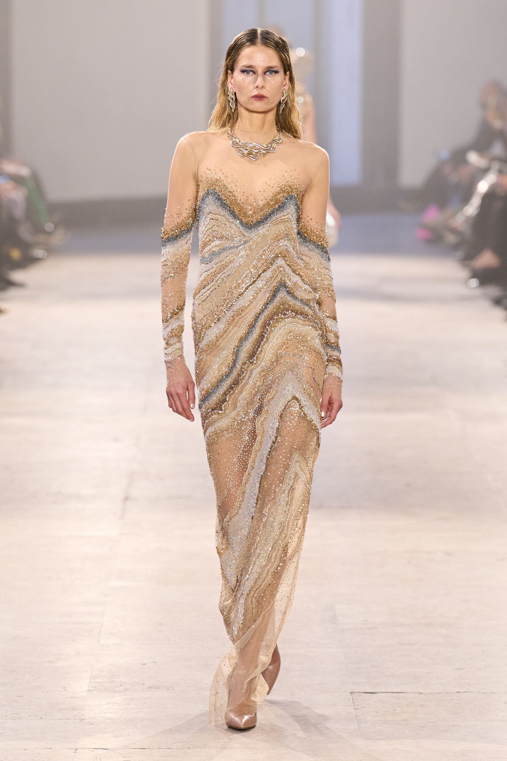 beige silk long-sleeve v-neck fitted sequined embellished gown