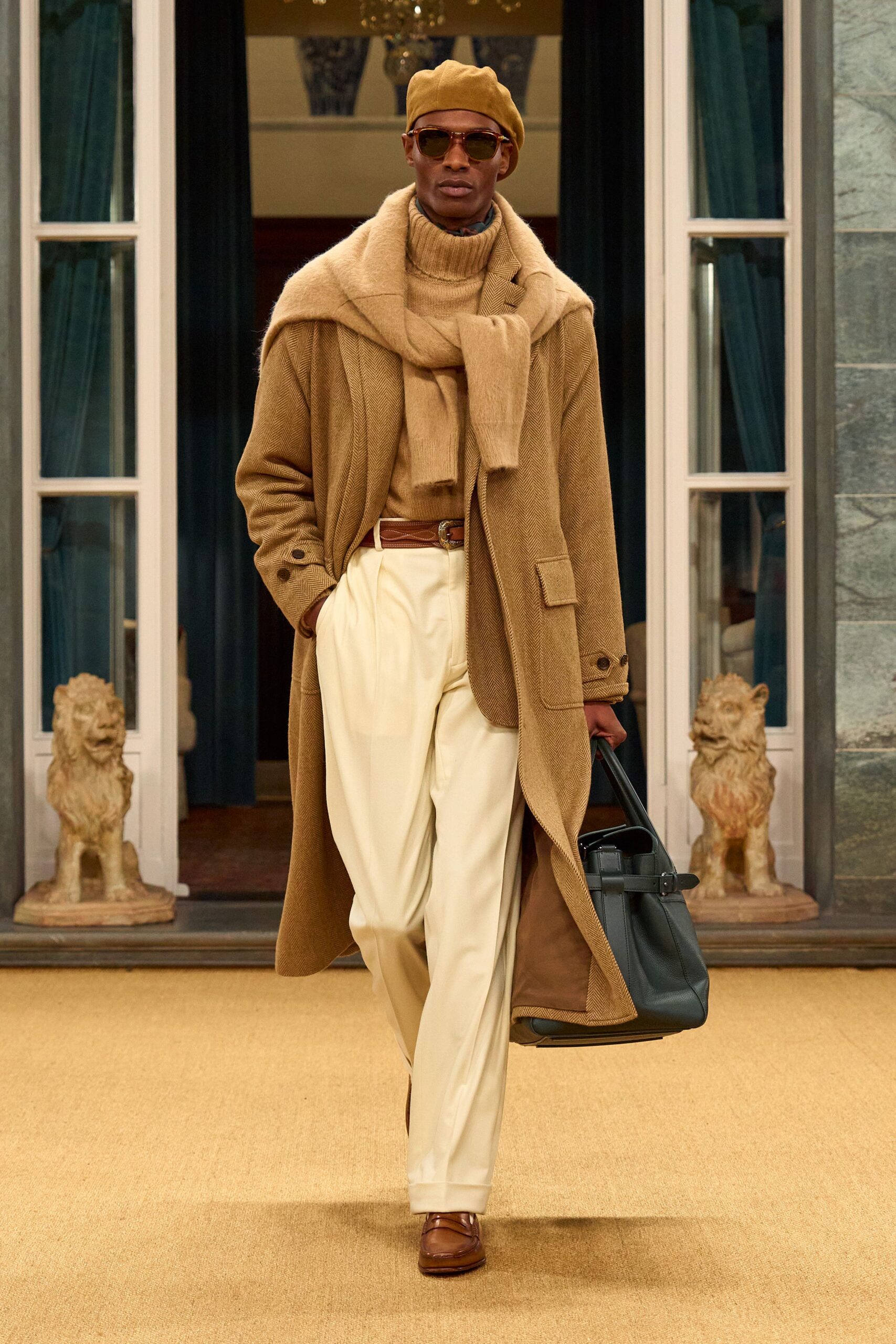 brown wool coat with beige sweater