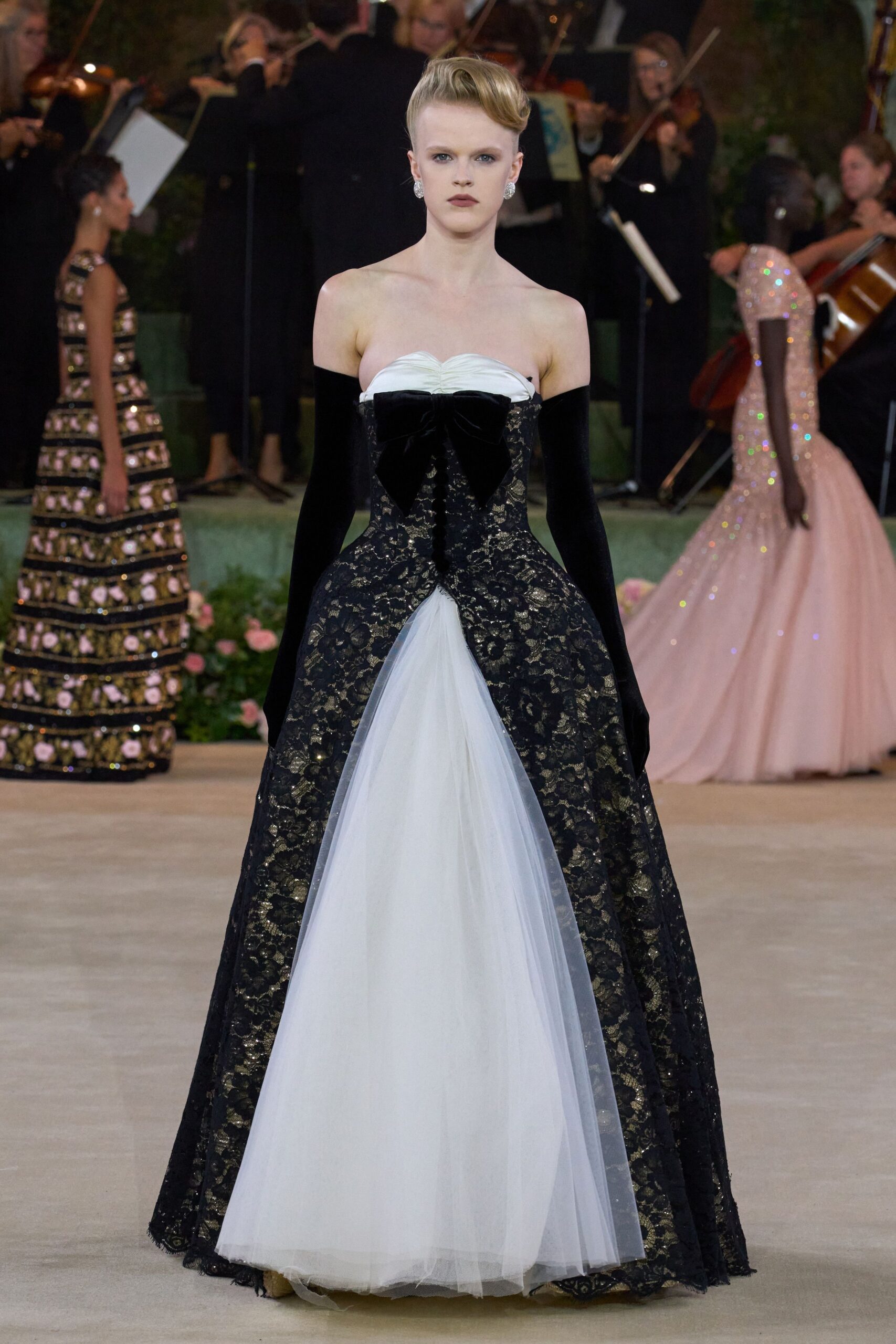 black lace strapless fitted pleated embellished maxi gown