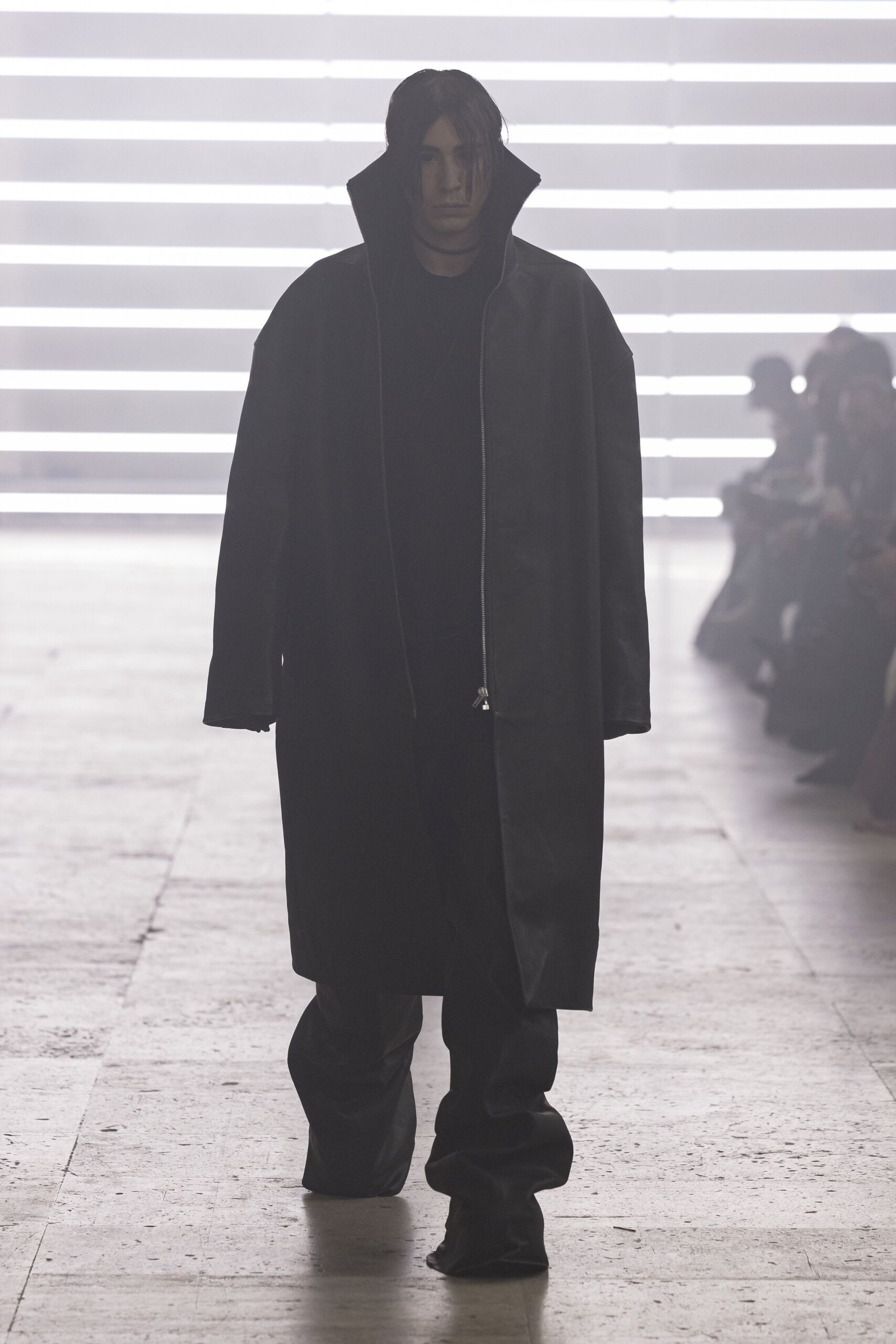 black leather long-sleeve collared oversized coat