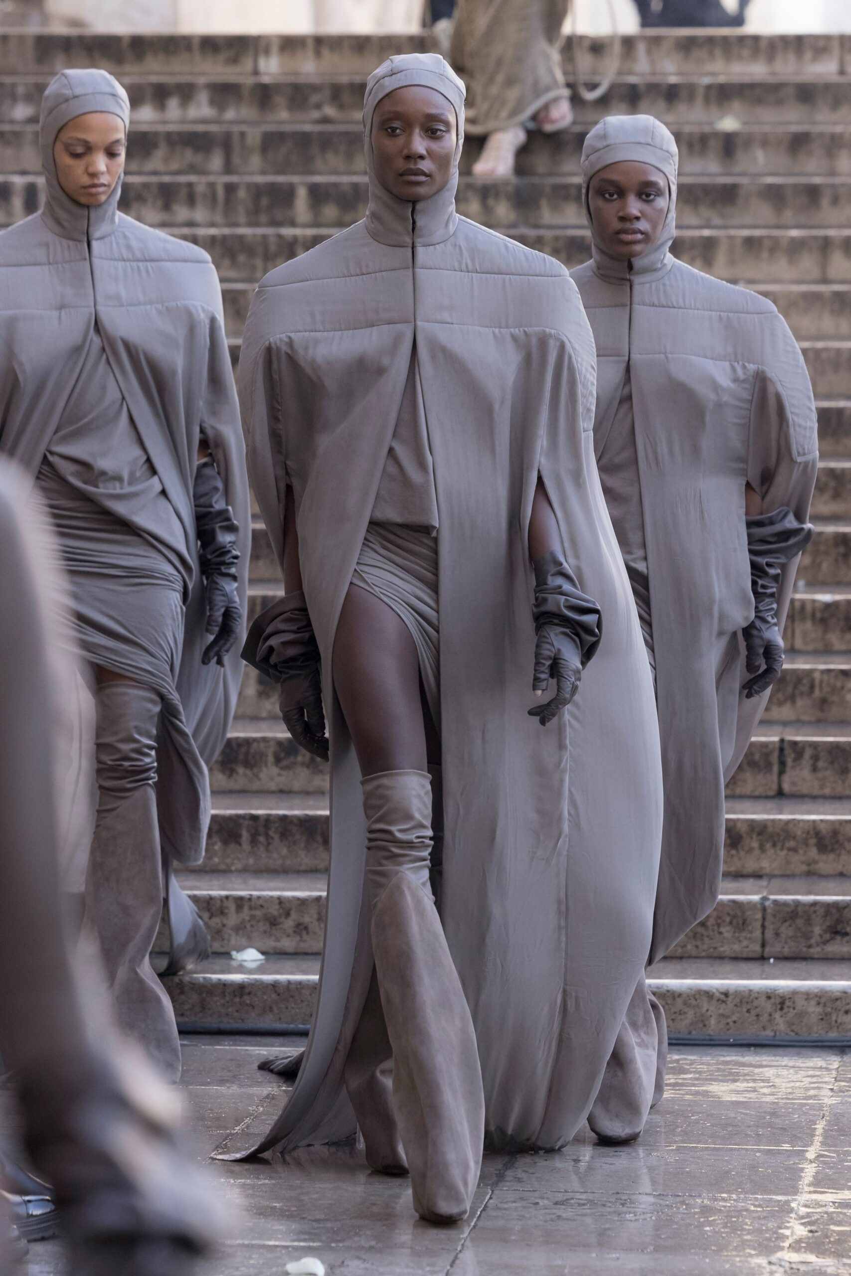 gray silk long-sleeve high-neck fitted draped maxi dress