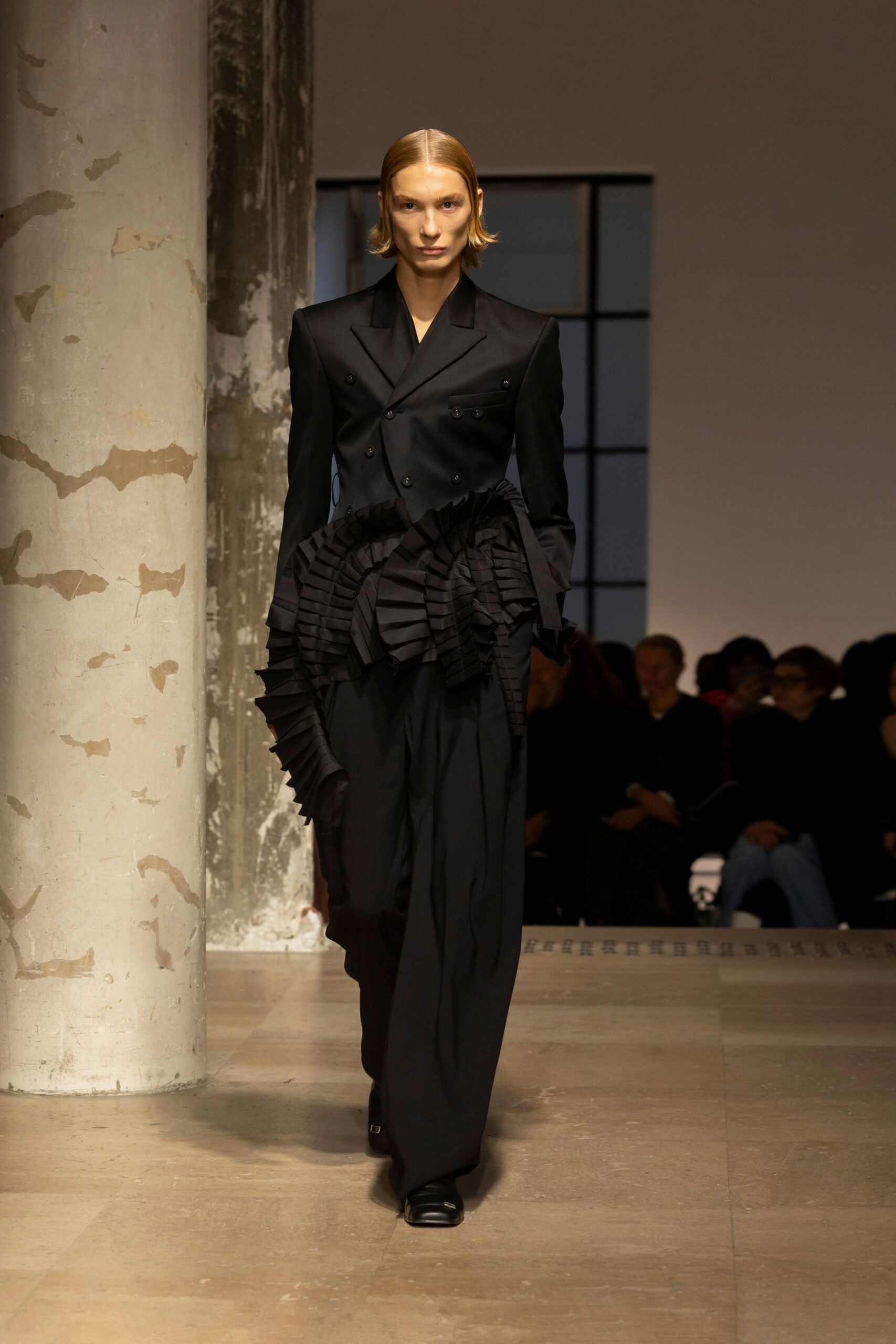 black fitted silk suit