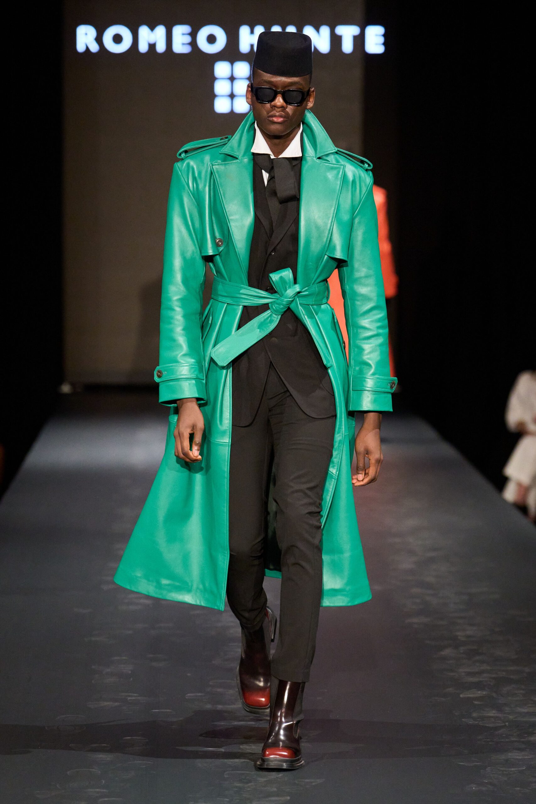 green vinyl long-sleeve collared fitted belted coat
