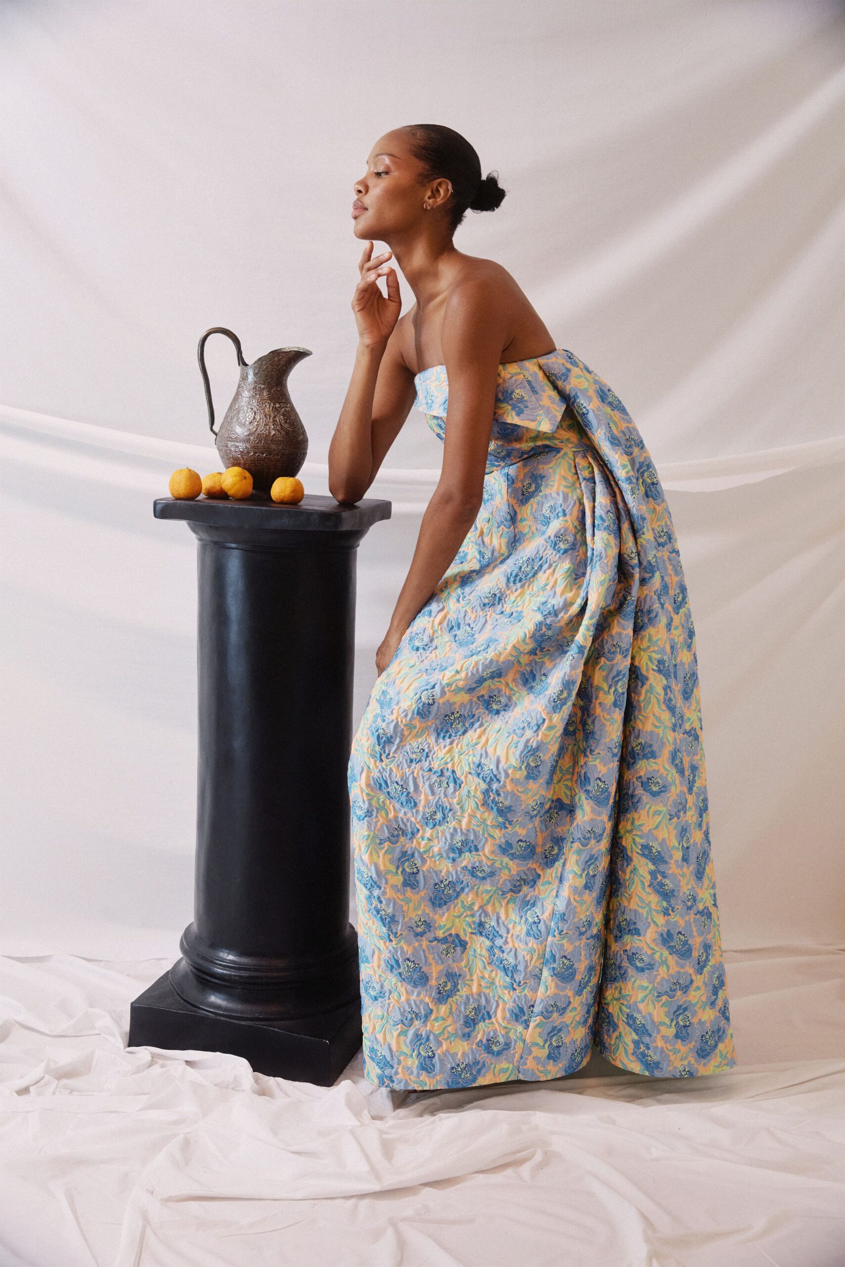 blue floral strapless gown