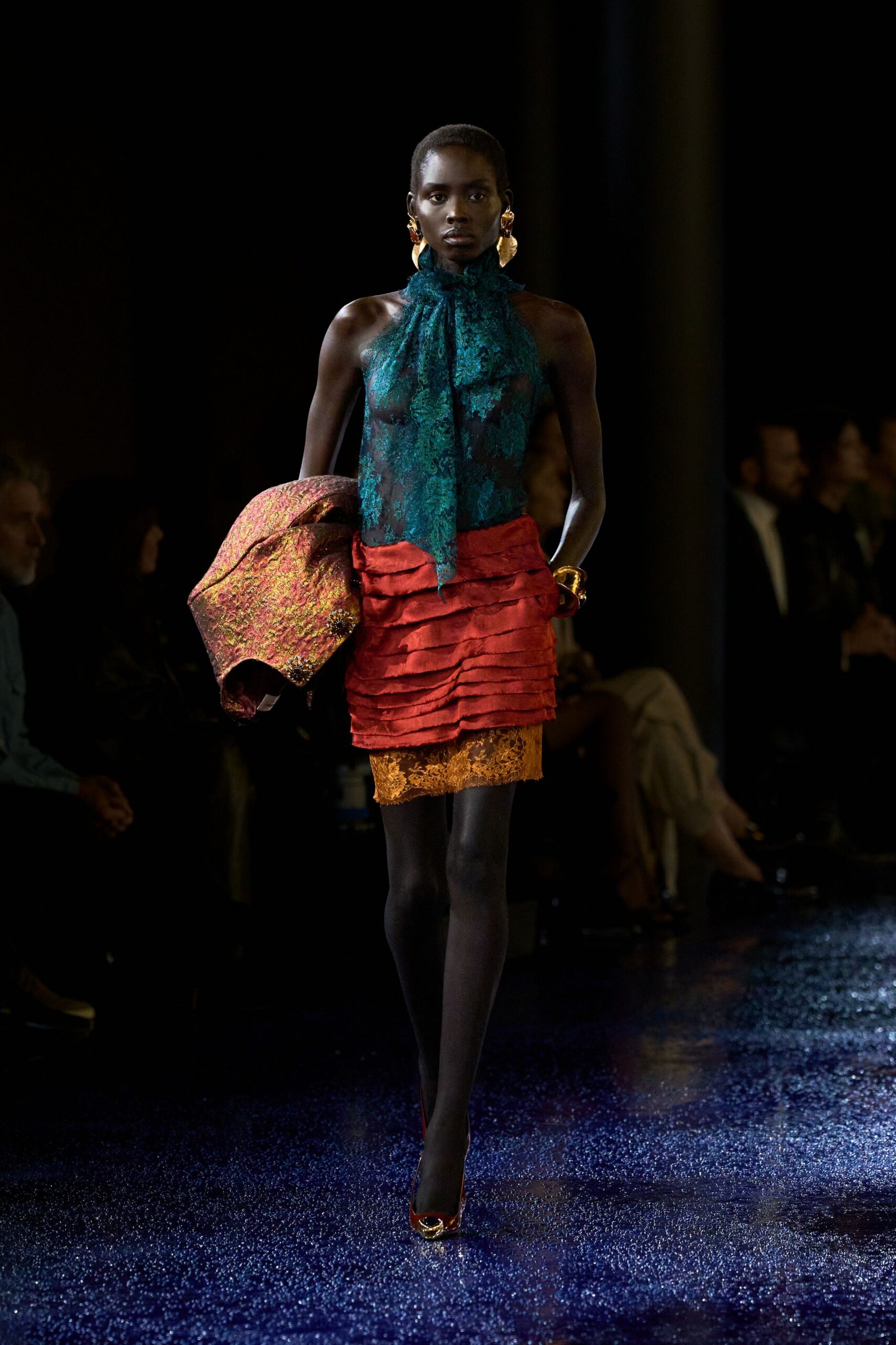 teal silk high-neck fitted ruffled top